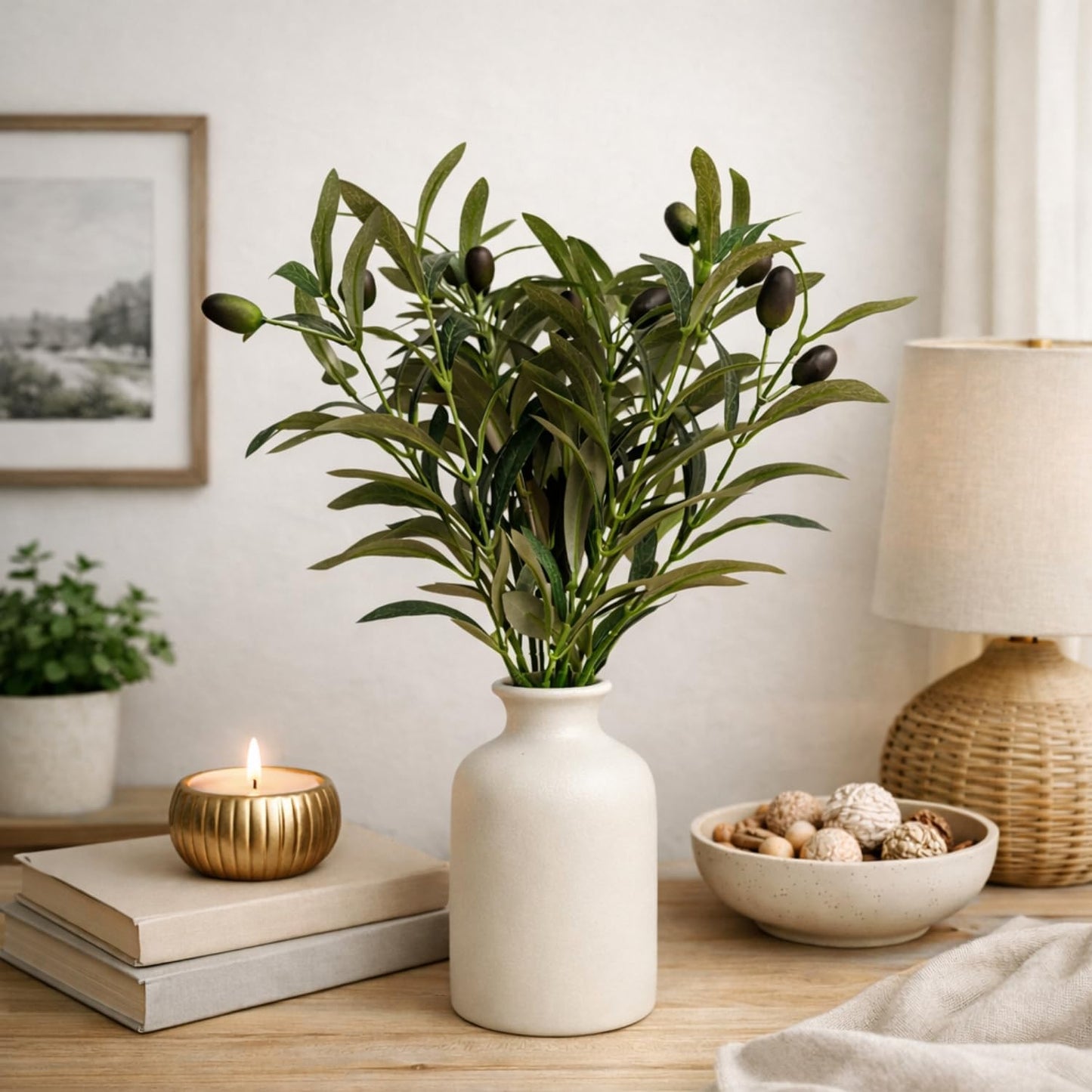 Matte Ceramic Vase 5.7 / Artificial Olive Branches and Berries with Vase / White / Set of 4