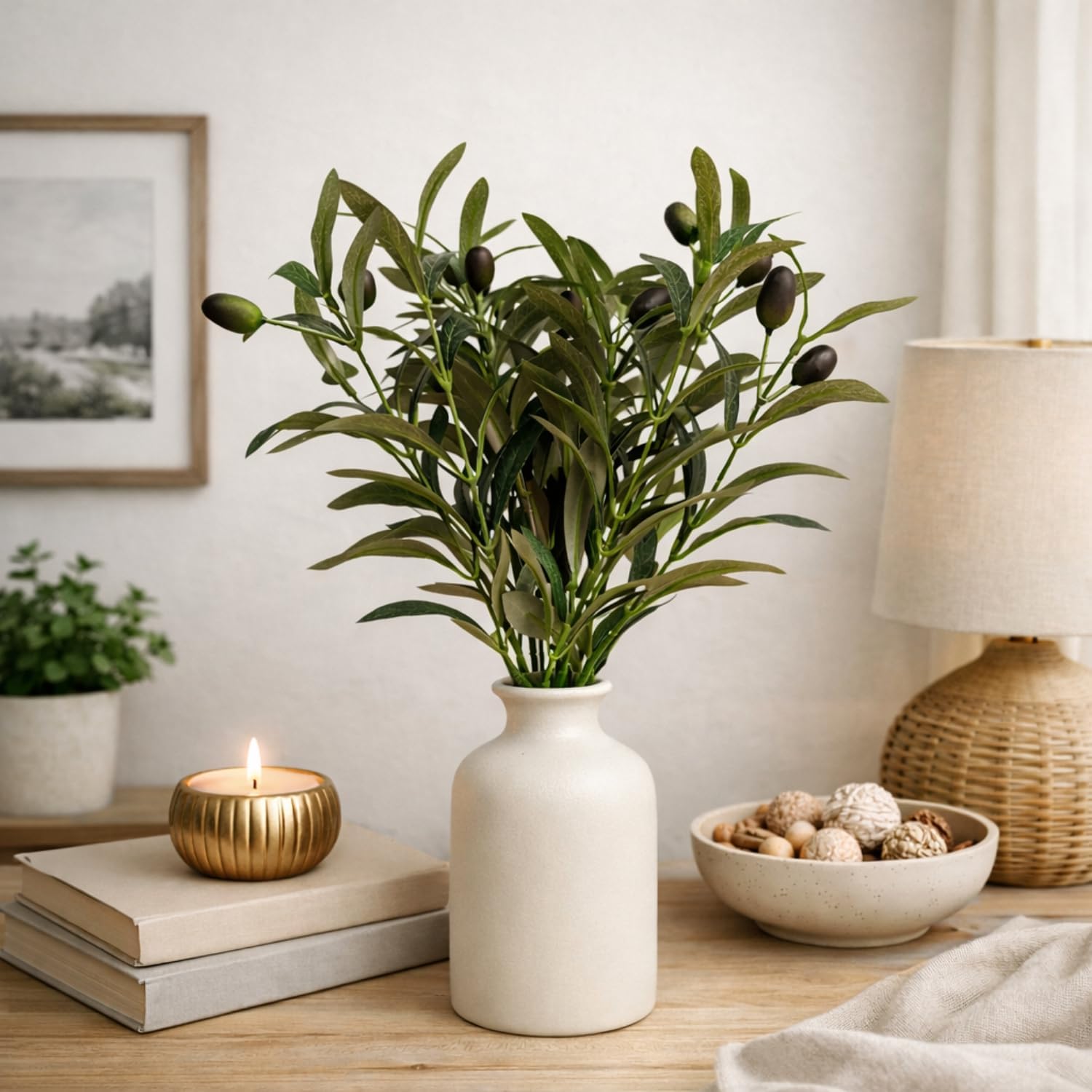 Matte Ceramic Vase 5.7 / Artificial Olive Branches and Berries with Vase / White / Set of 4