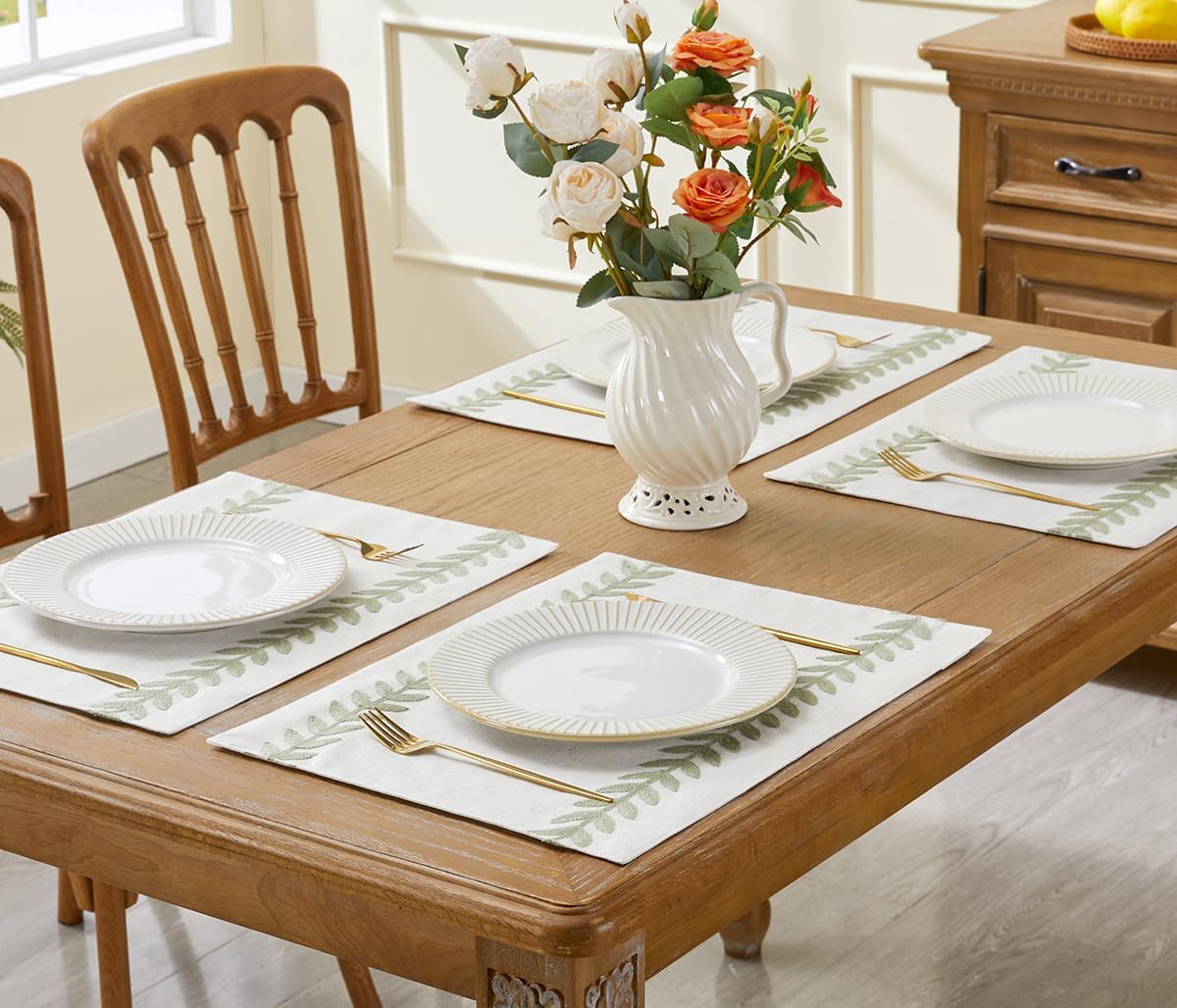Wracra Embroidered Place Mats, Sage Green Rustic Placemats Set of 6 | Macrame Placemats 12 x 18 Inch; Heat Resistant