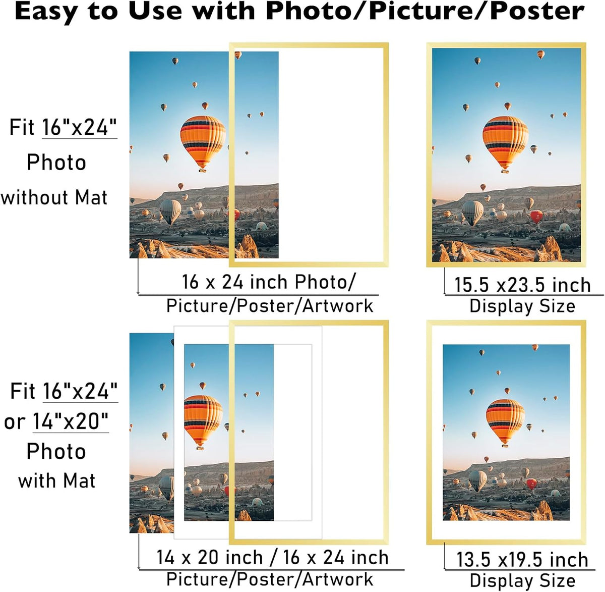 JCJMY 16x24 Picture Frame with Mat for Poster Photo and 40x60 cm Canvas, Display 14x20 with Mat or 16 x 24 without