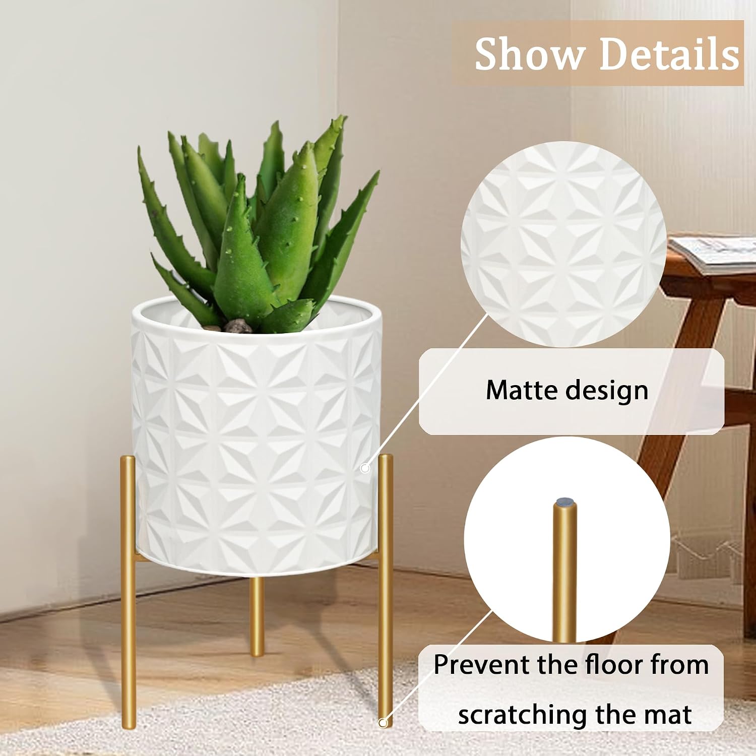 ARNIS Plant Pots with Stand, Set of 2 Indoor Planter Pots, Large Metal Planters with Stand, Mid Century Decorative