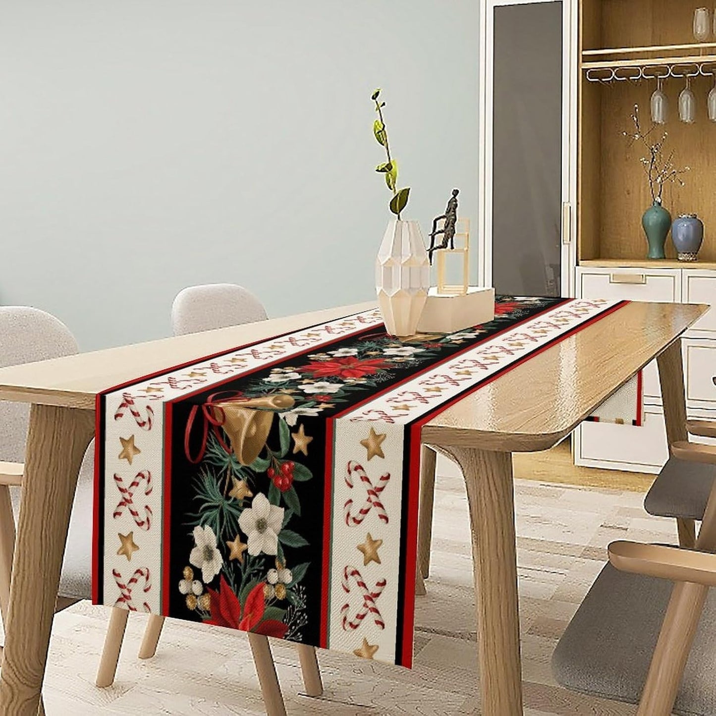 Christmas Linen Table Runner, Red and Black Buffalo Plaid Winter Xmas Holiday Farmhouse Style Patterns Printed Linen