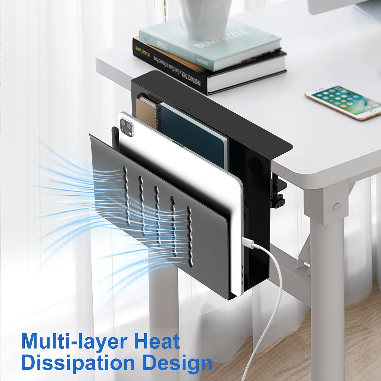 HAMOPY Desk Side Storage, 2 Tier Steel Hanging Desk Organizer with Magnetic Pen Holder, No Drilling Standing Desk