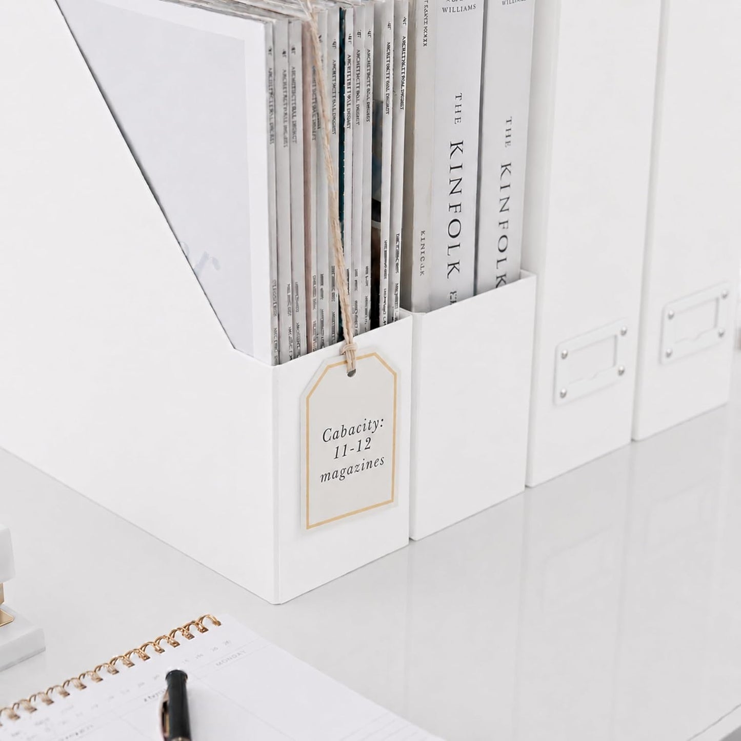 BLU MONACO Set of 6 Foldable White Magazine File Holders | Vertical Desk File Organizer Boxes With Leather Label