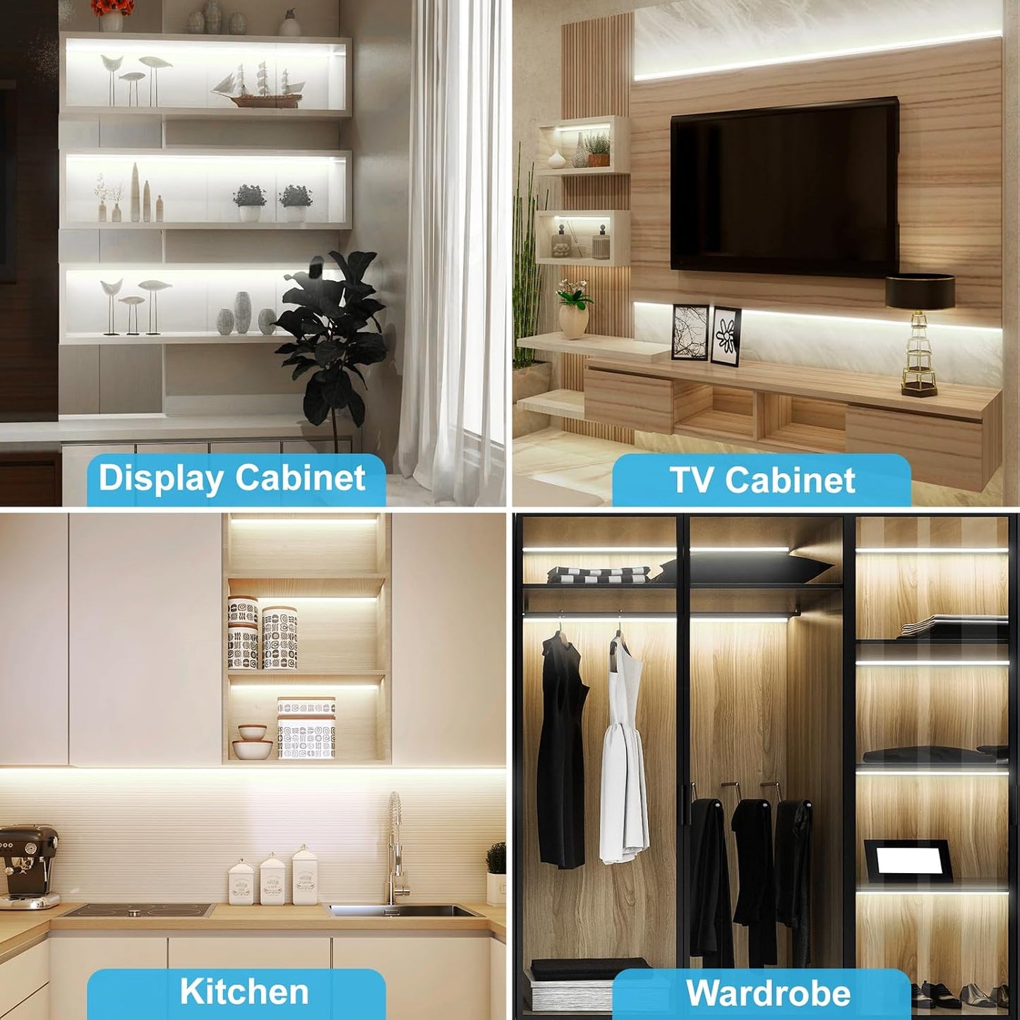 JUSJUBR Display Cabinet Lights, 32.8ft 24V Dimmable Cuttable COB LED Strip Lights, Cold White 6000K, Under Cabinet