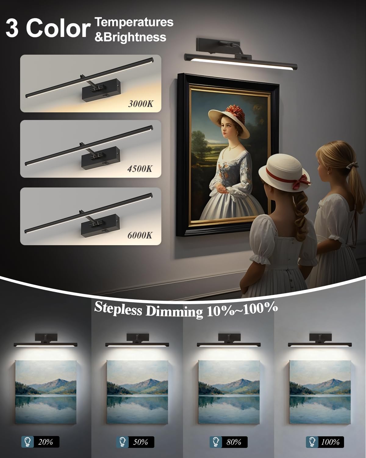 Picture Lights for Wall Battery Operated,16 Inch Black Wireless Rechargeable Art Lights for Pictures,3CCT Dimmable
