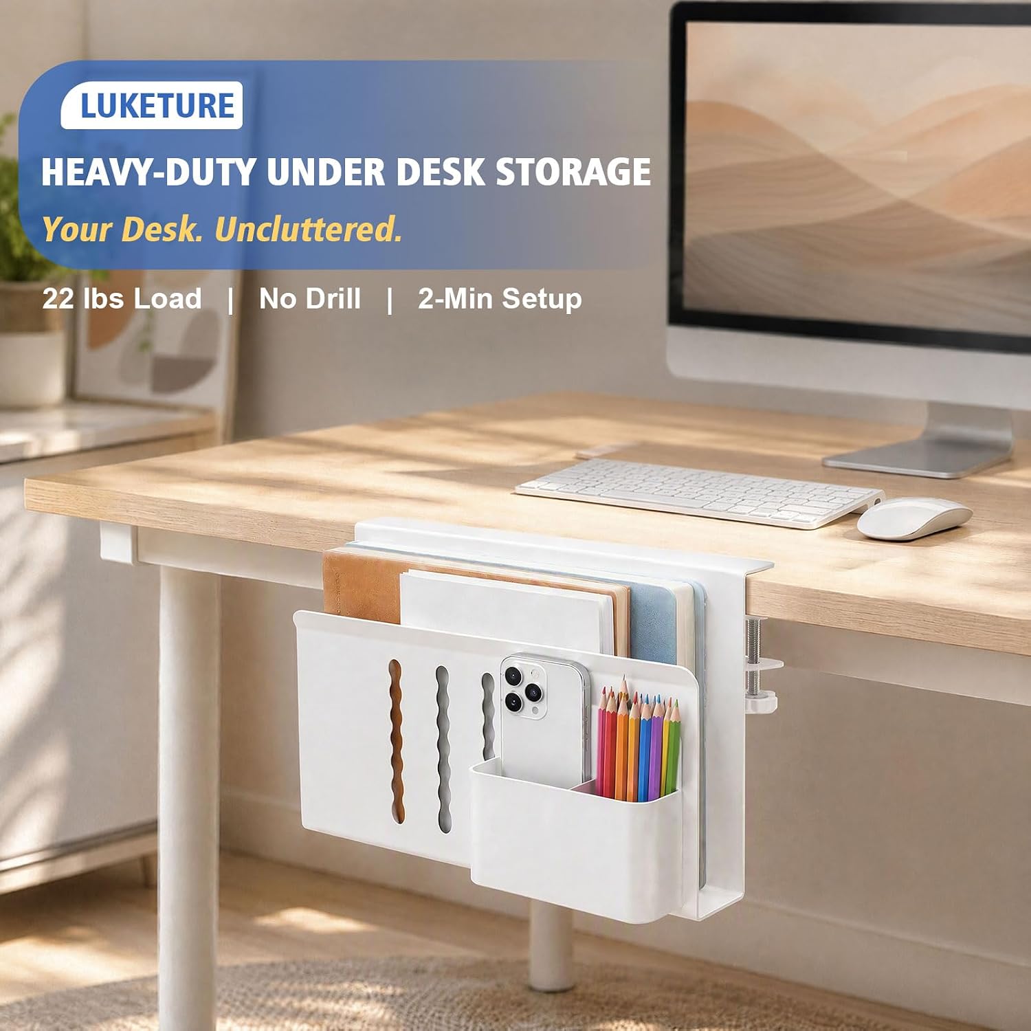 LUKETURE Desk Side Storage, 2 Tier Under Desk Laptop Mount with Pen Slot | Sturdy Steel Double Tier Strong, Magnetic