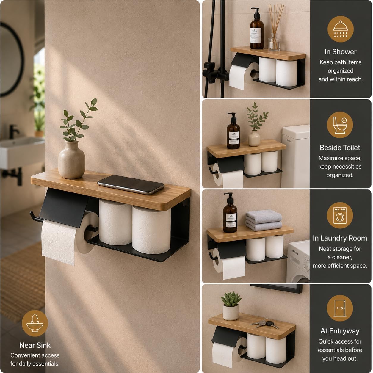 Double Toilet Paper Holder with Solid Wood Shelf, Wall Mounted Matte Black | 16" x 5.31" Toilet Paper Rolls with