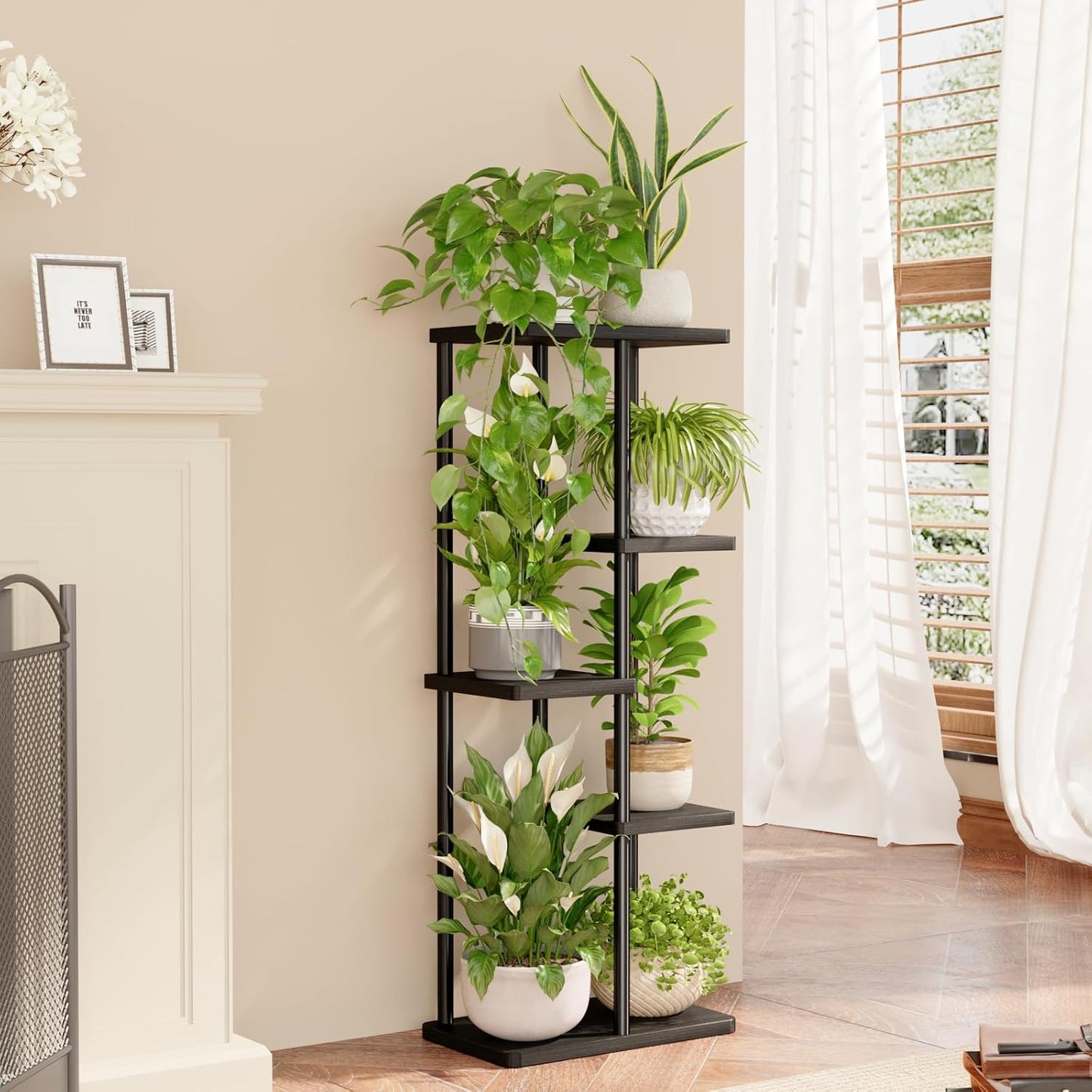 Bamworld Plant Stand 5 Tier Corner Metal Shelf Black | Tiered shelf organizes multiple plants in living rooms