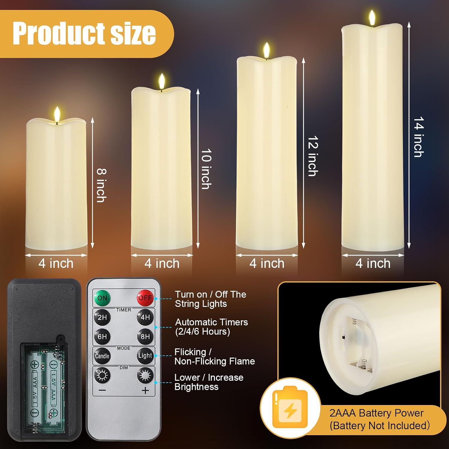 Rossesay 8" 10" 12" 14" x 4" Large Waterproof Outdoor Flameless Candles, 4 Pcs LED Pillar Candles with Remote and