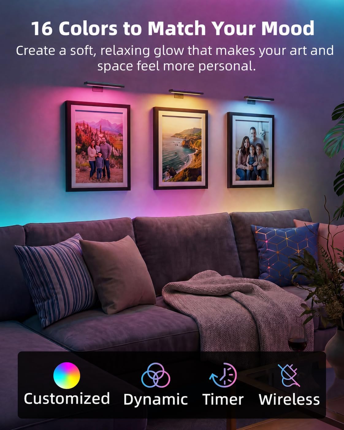 EZVALO RGB Picture Light for Wall, 2400mAh Wireless Rechargeable Color Changing Art Light with Remote, 16 Colors
