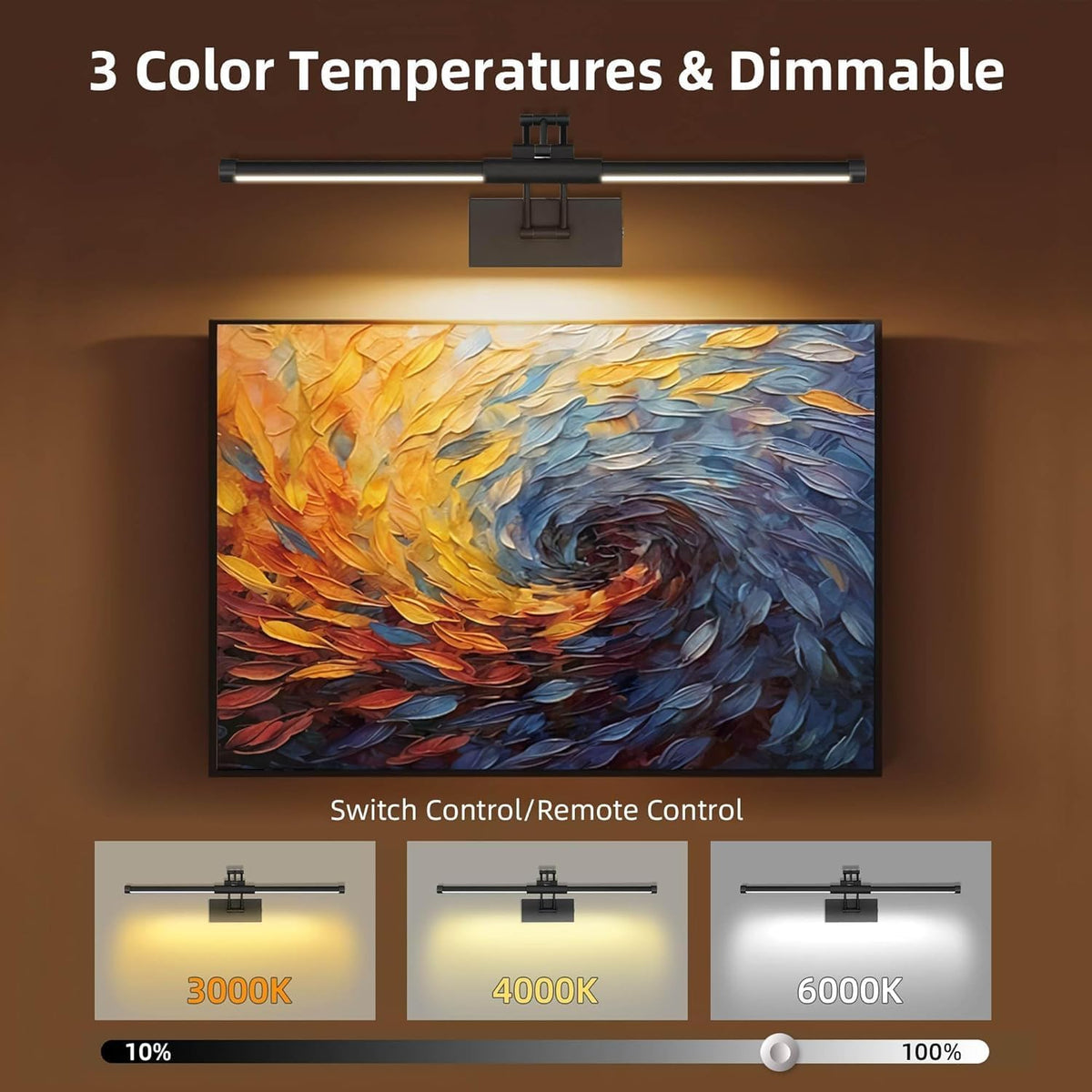24" Picture Lights for Wall, 8000mAh Rechargeable Wireless Remote | Battery Operated Art Light 3000K/4000K/6000K