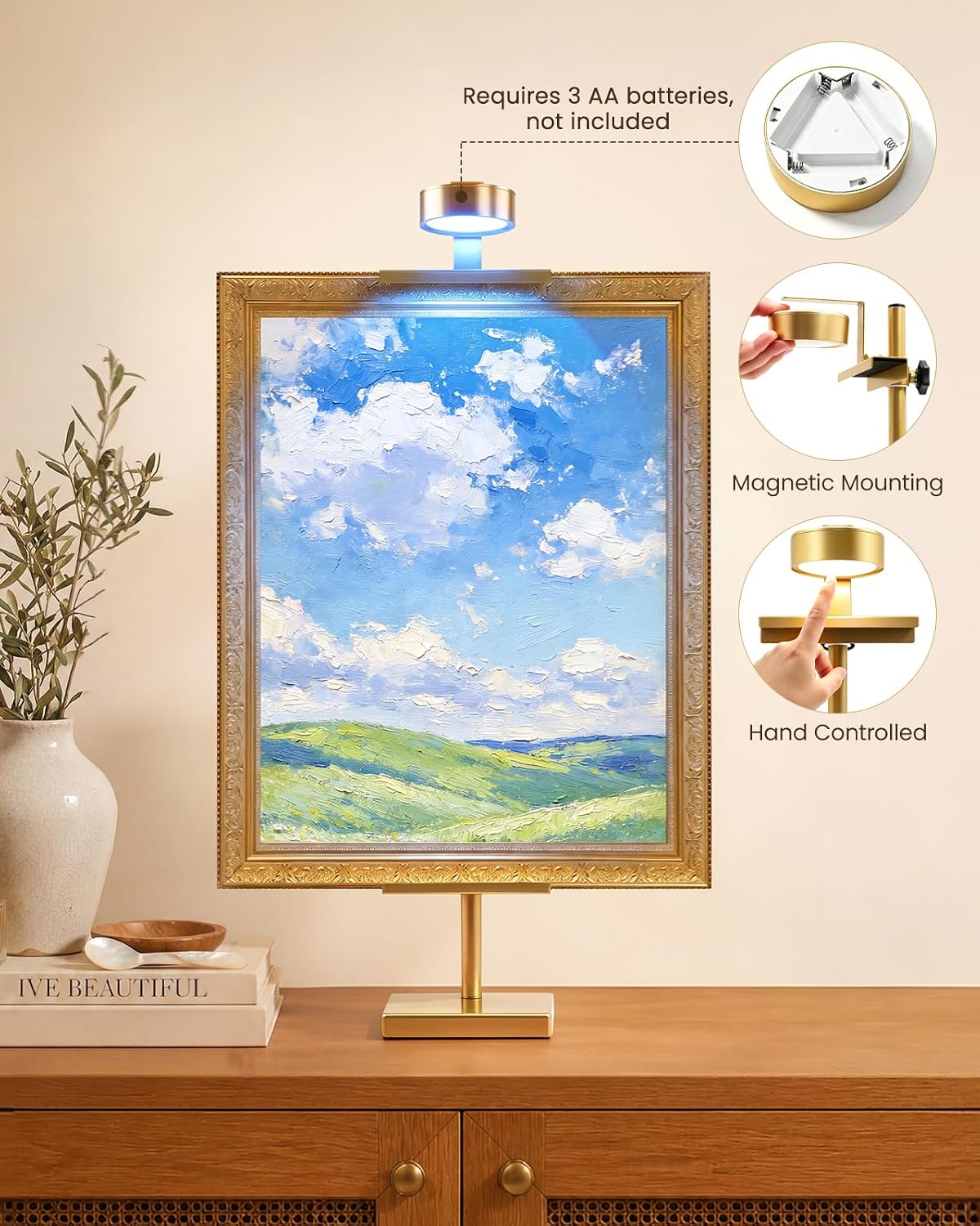 Adjustable Tabletop Easel Stand with Picture Frame Light, Gold | Picture Easels for Display Up to 29" H, Picture Frame