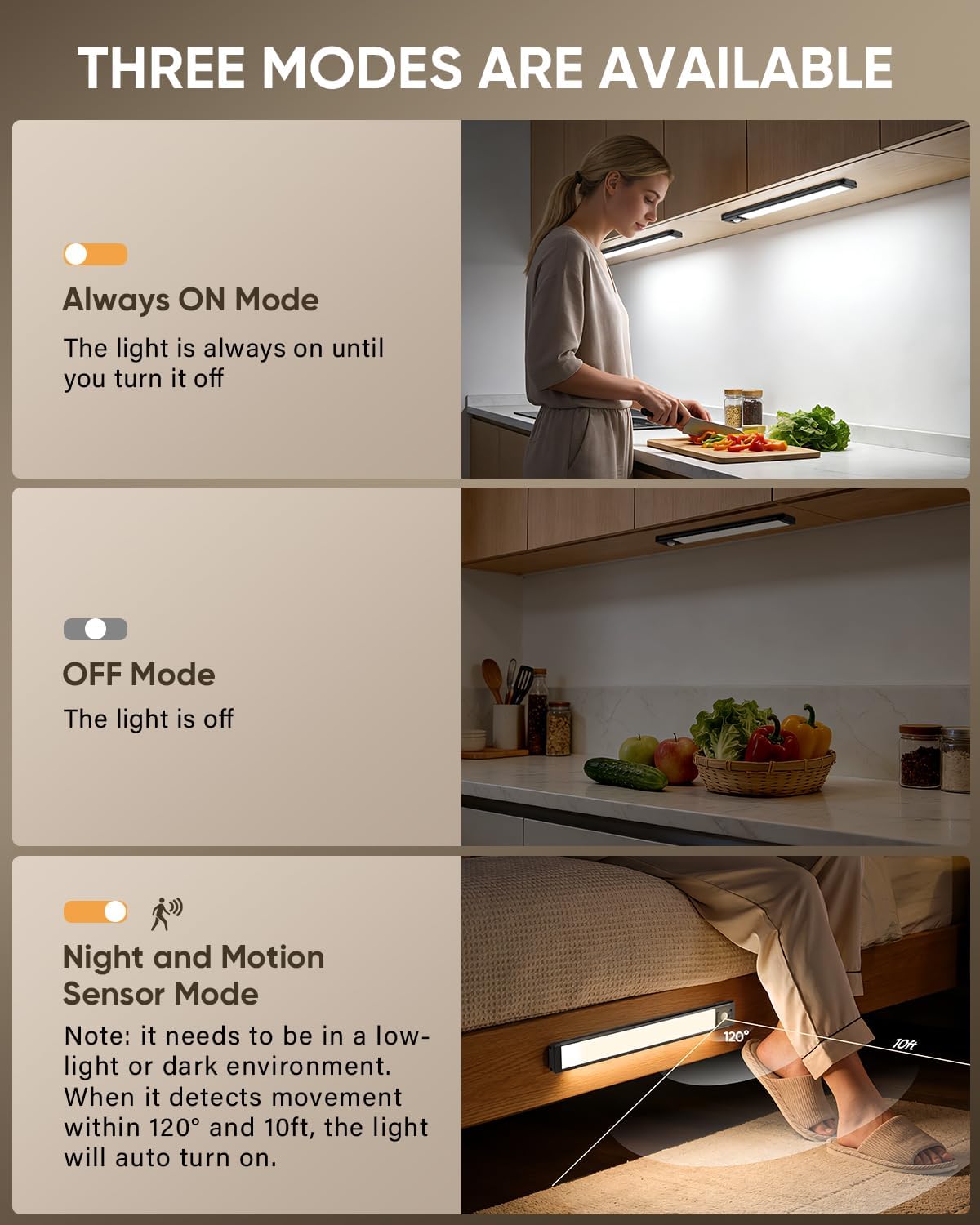 MCGOR 10inch Under Cabinet Lighting, Wireless Motion Sensor Light, 5 Pack | 3 Color Temps, Rechargeable, 1800mAh