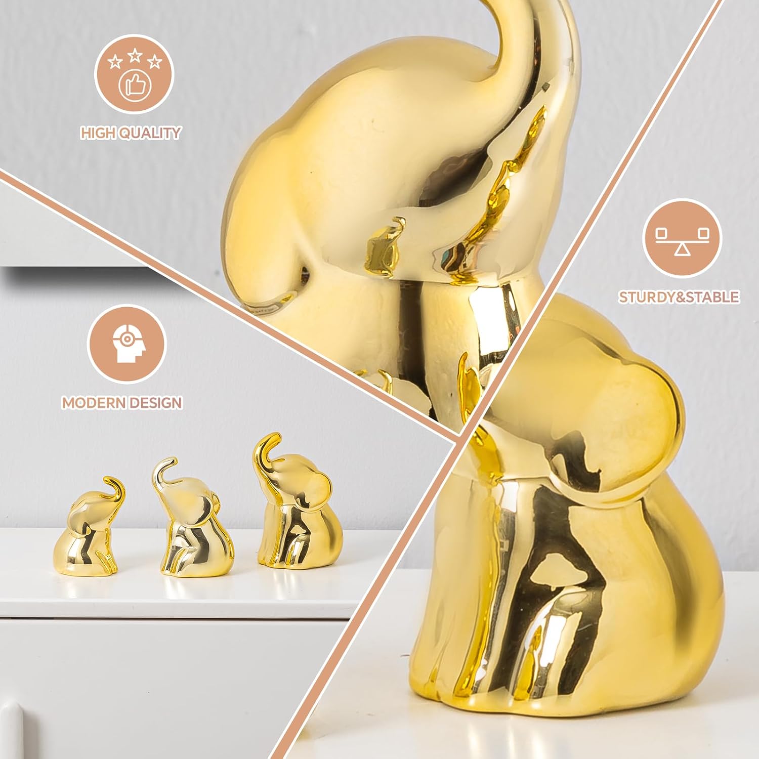 Elephant Statues / Gifts for Lover / Gold / Set of 3