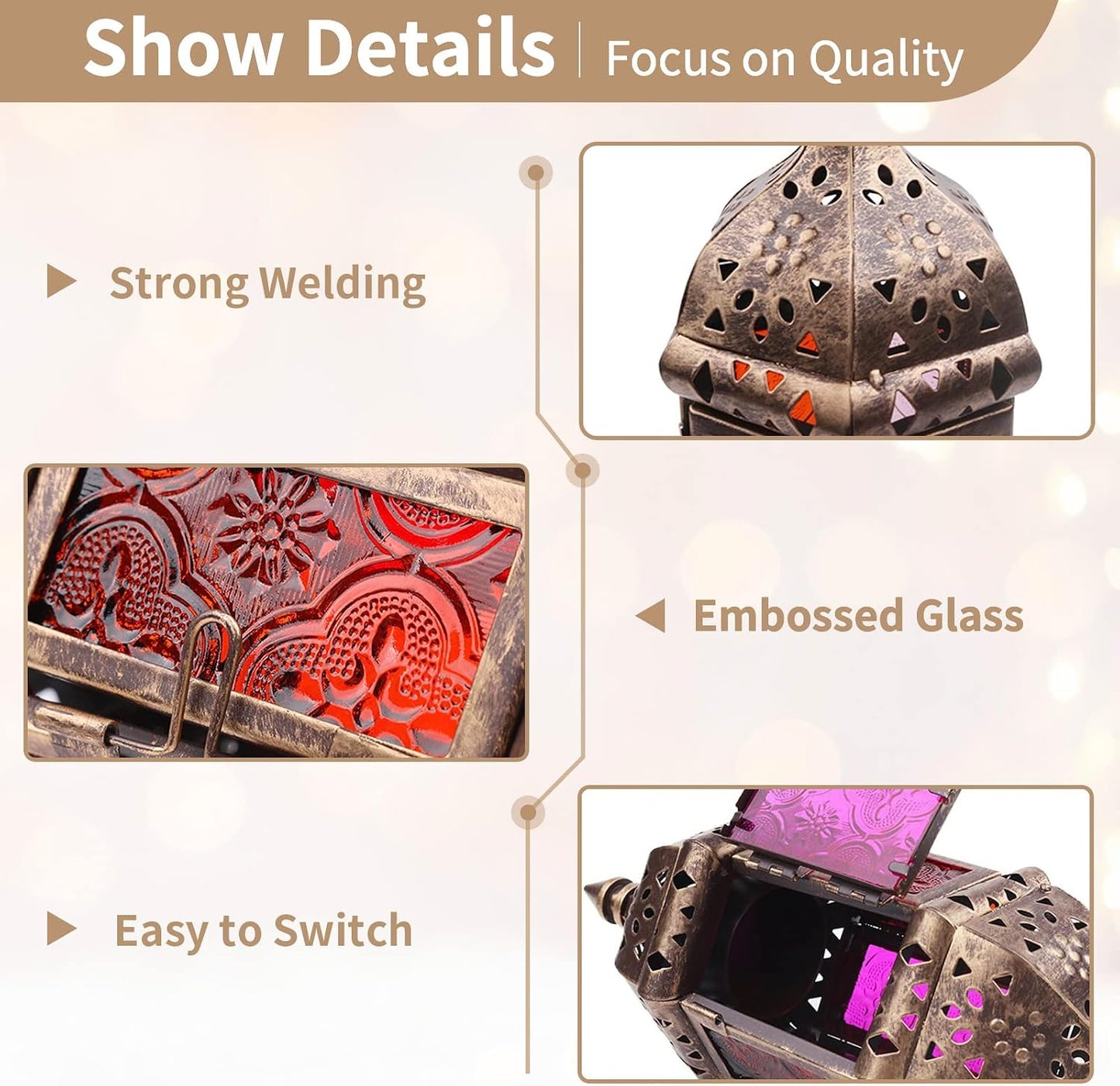 6 Pcs Hanging Hexagon Decorative Moroccan Candle Lantern Holders, Handmade Hanging Tea Light Holder in Bronze Metal &
