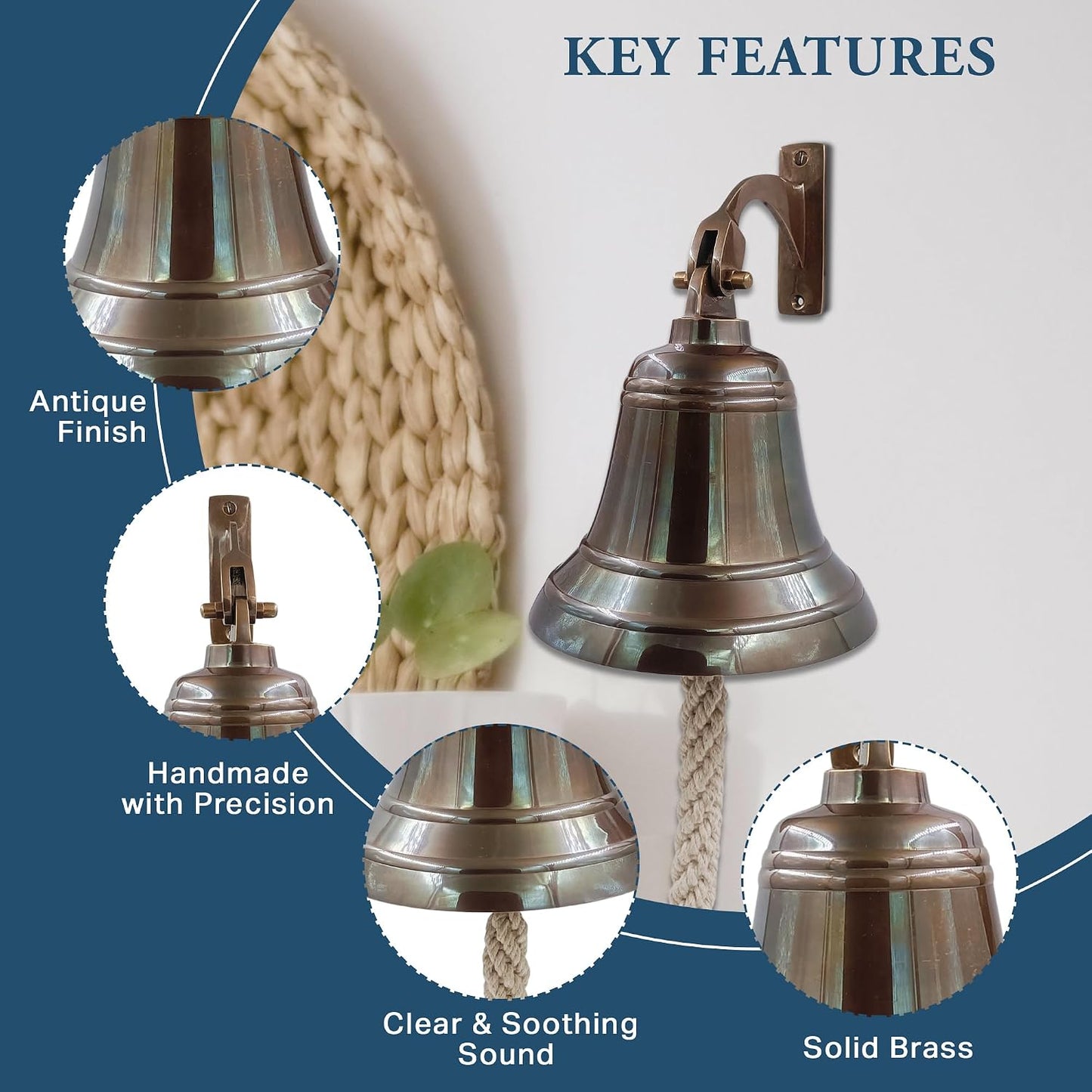 Solid Brass Wall Mounted Ship Hanging Antique Brass Bell for Reception, School, Outdoor, Indoor, Dinner & Chruch - 6
