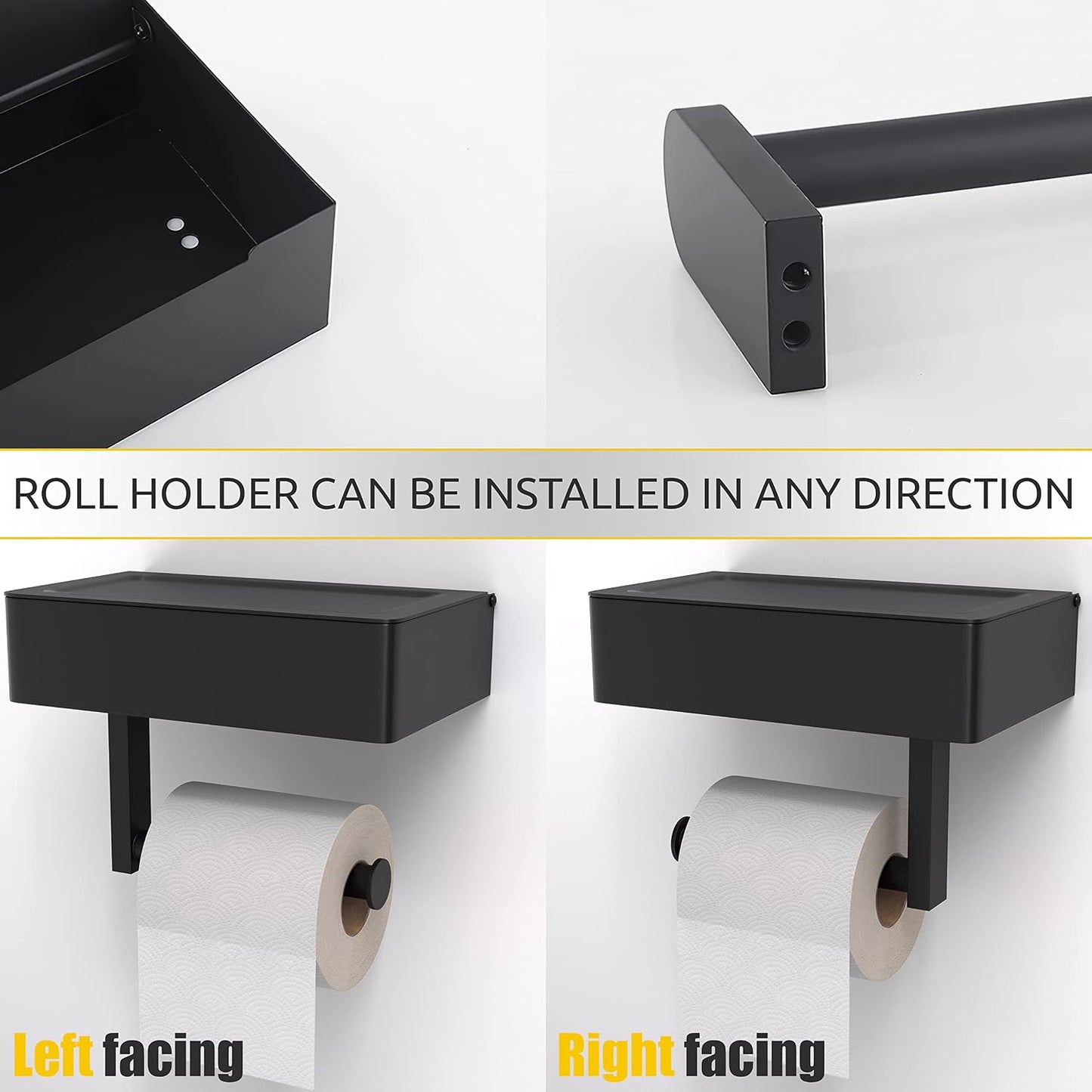 Black Toilet Paper Holder Wall Mounted with Shelf & Wipes Storage – Stainless Steel SUS304 Modern Toilet Tissue Roll