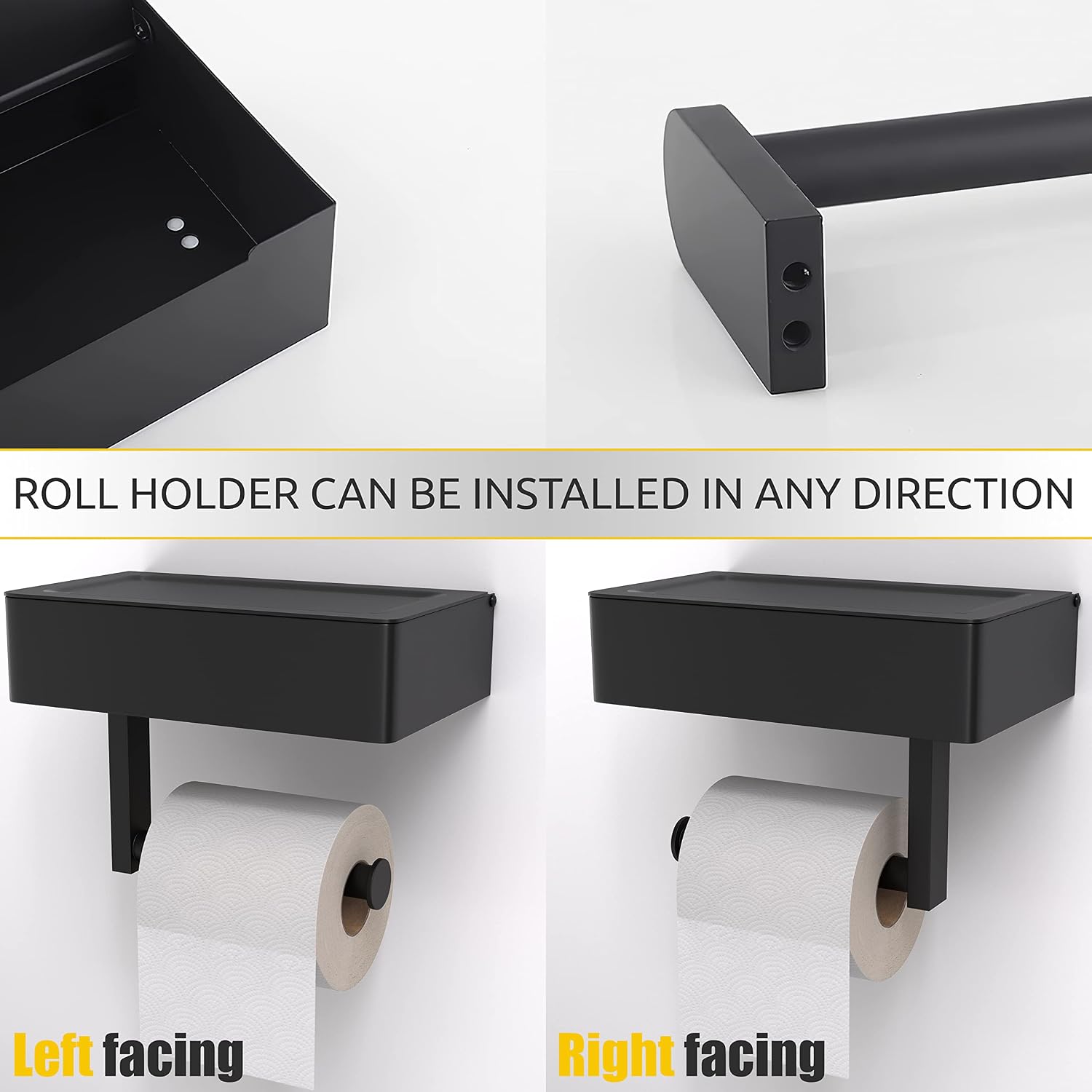Black Toilet Paper Holder Wall Mounted with Shelf & Wipes Storage – Stainless Steel SUS304 Modern Toilet Tissue Roll