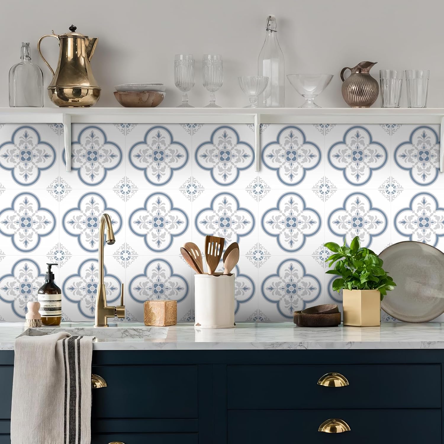 Peel & Stick Tile Stickers Self Adhesive Backsplash Decorative Wall / Gray Flower / Set of 12