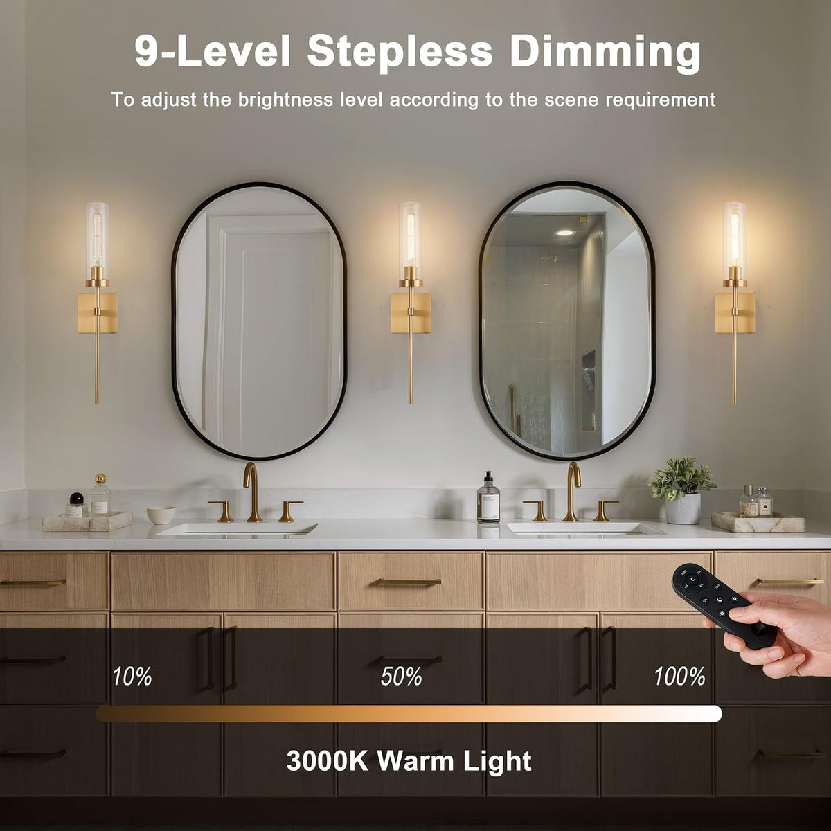 Wireless Wall Sconces with Remote Control, Brushed Gold Battery Operated Wall Sconce Set of 2, Dimmable Rechargeable