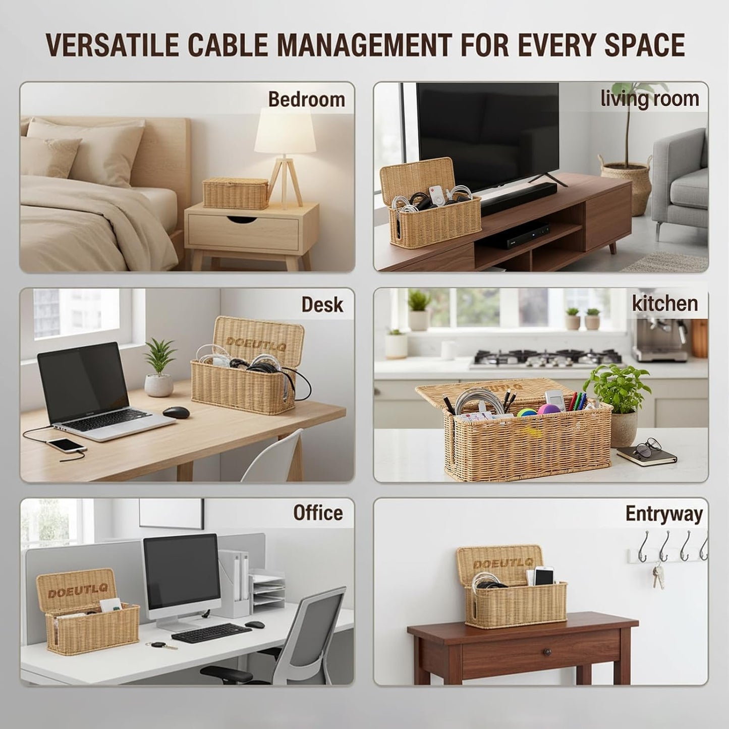 Desk Organizer Decorative Rattan Decor Countertop Cable Management Box Charging Station