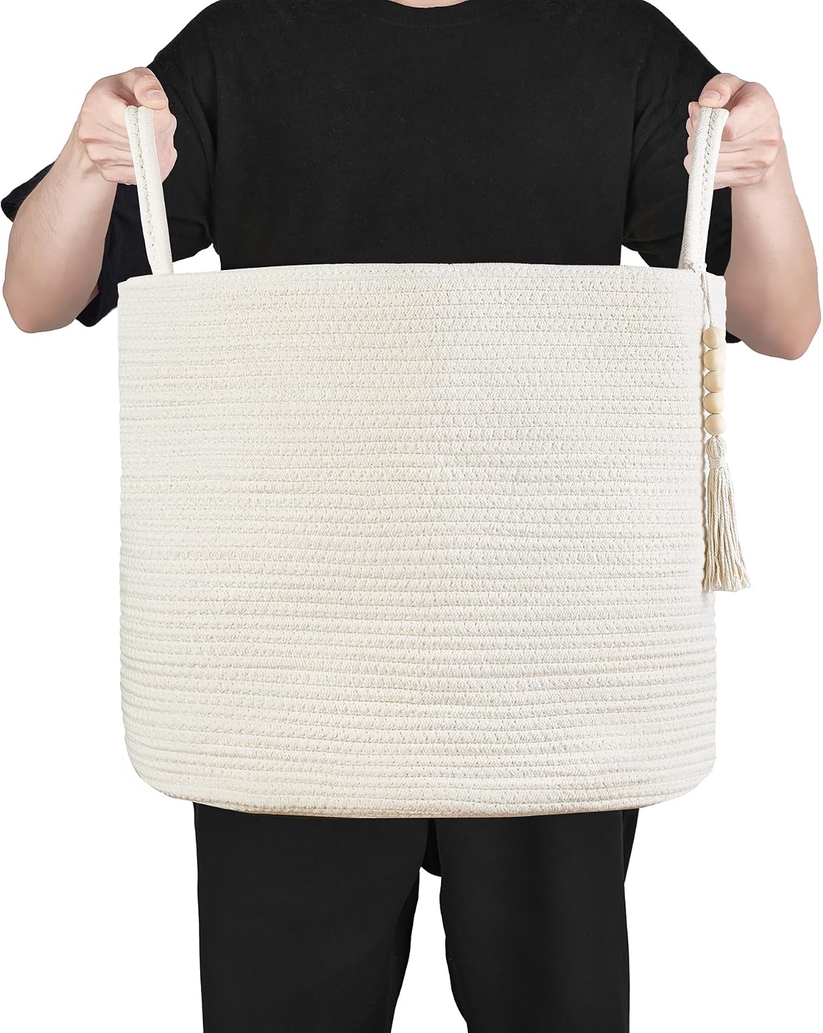 Woven Storage Basket Decorative Natural Rope Basket Wooden Bead Decoration / White / 16" W x 13.8"L