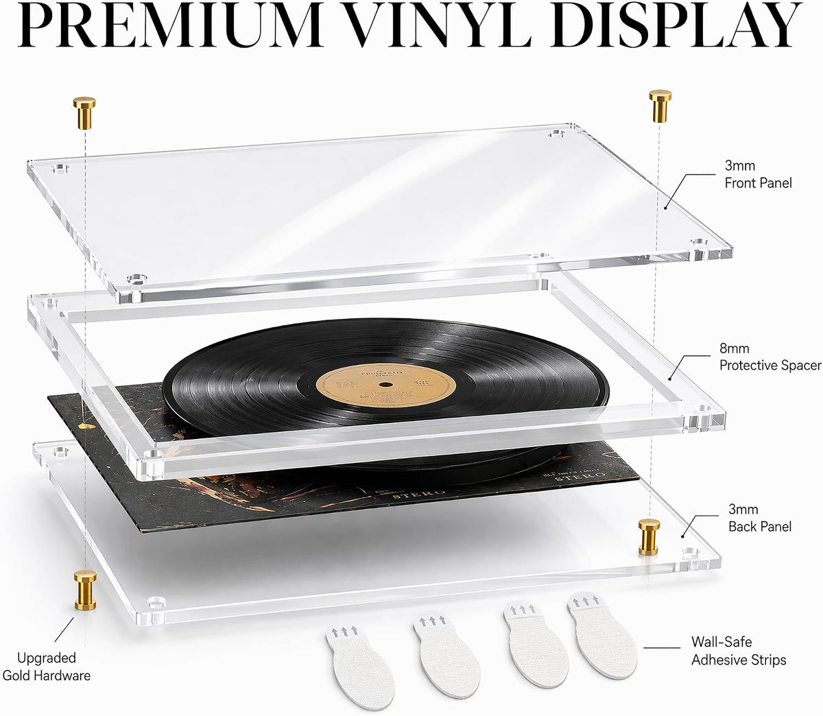 3Pack Clear Acrylic Vinyl Record Album Display Frame for Double LPs | Self Adhesive Wall Mount Display Holder, No Drill