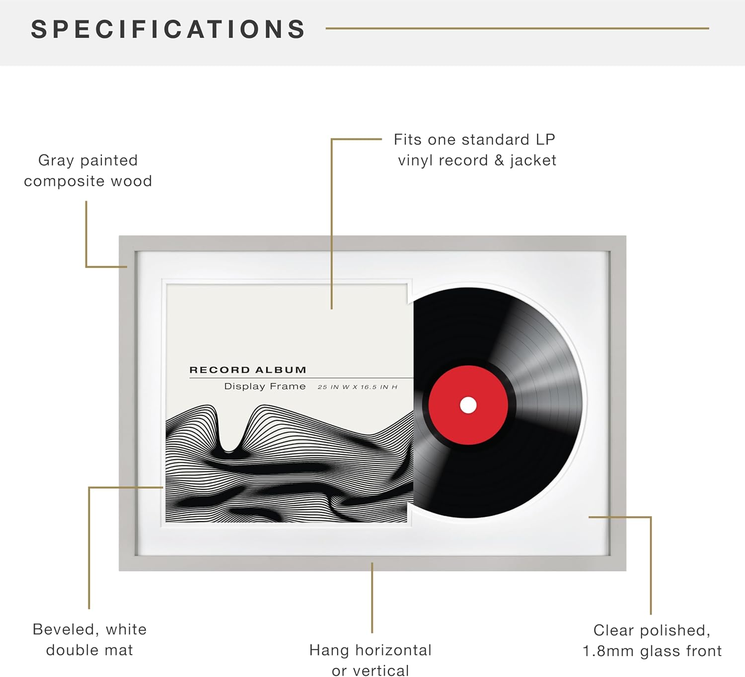 MCS Double Matted Record Album Frame, 16.5x25, Gray | Double Matted Frame Displays Vinyl LP Record And Jacket For Album