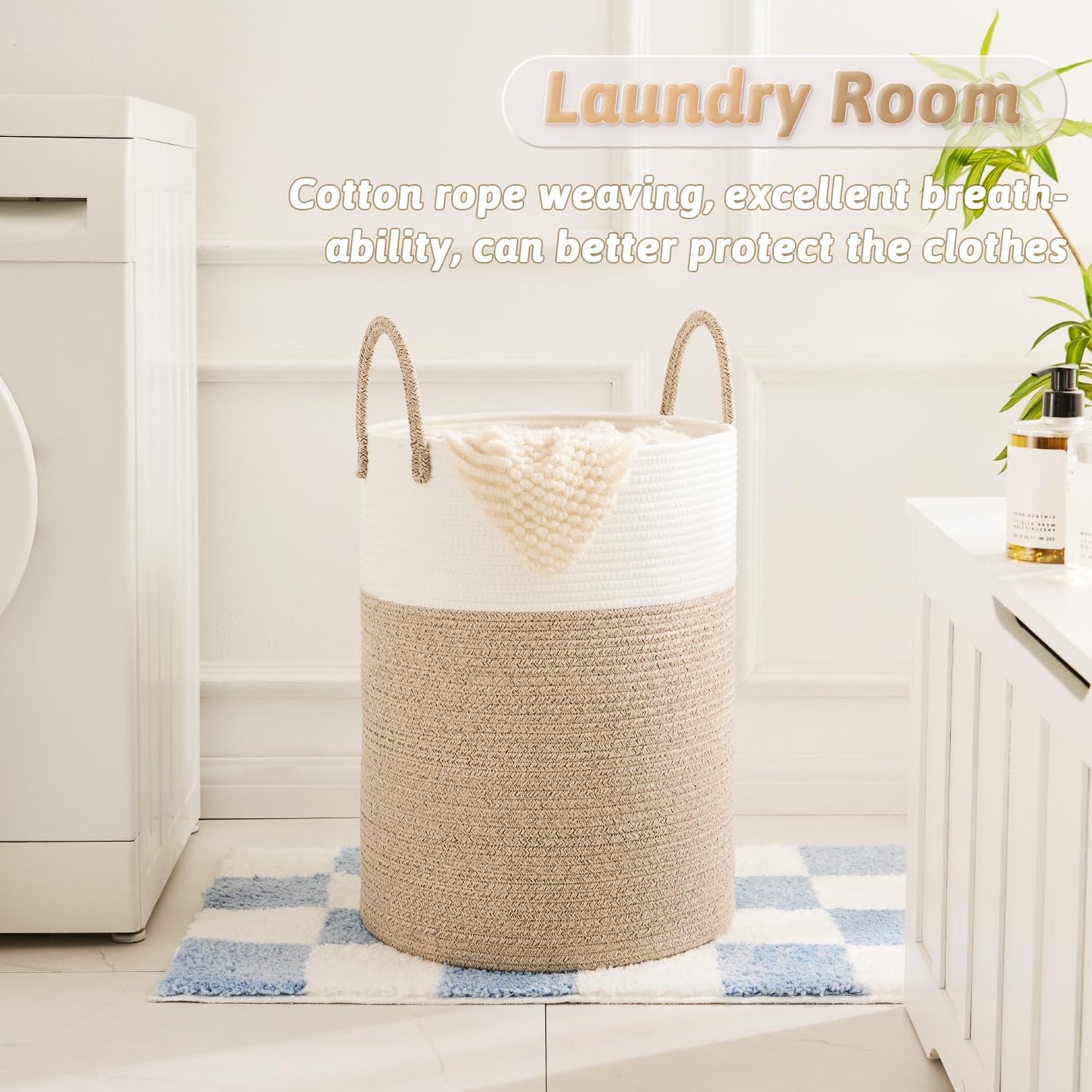 Laundry Basket / Woven Cotton Rope Laundry Hamper / Brown / 60L