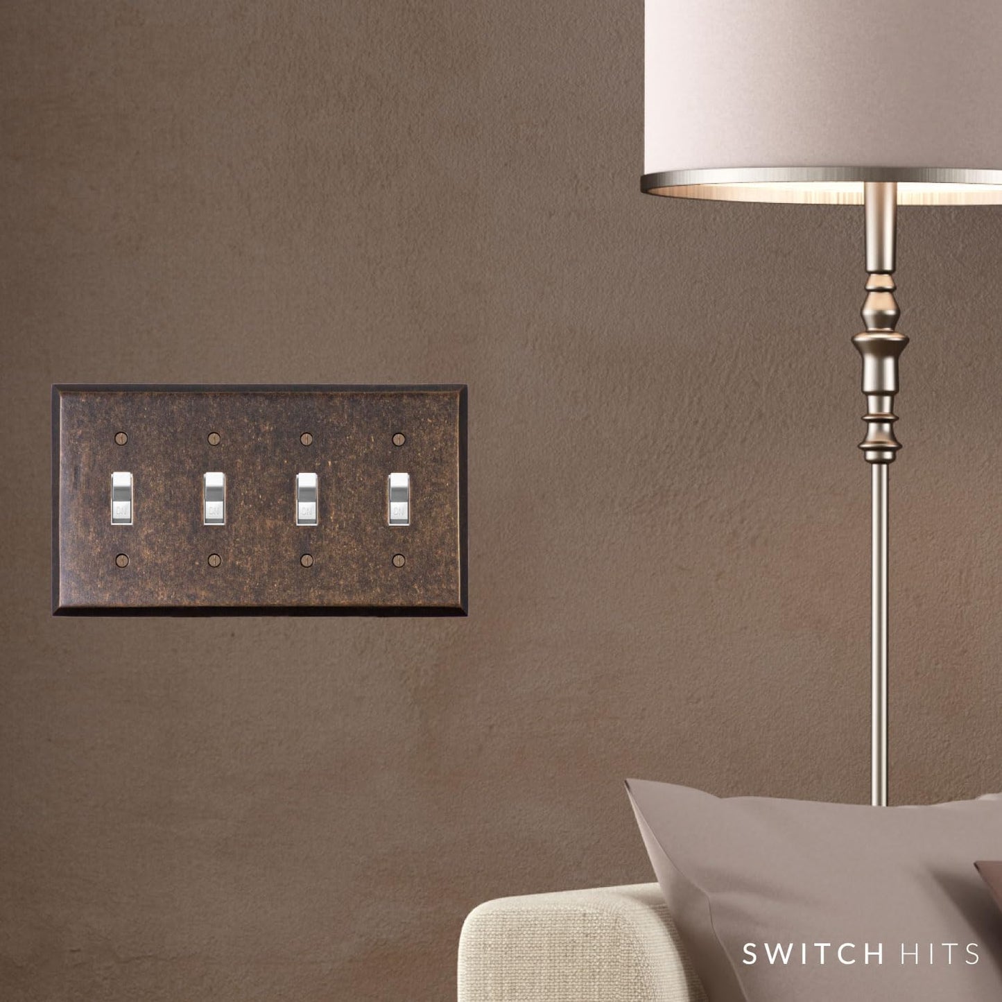 Quad Light Switch Plate GFCI Wall Plate Outlet Cover | 4 Toggle Mottled Antique Brass Electrical Faceplate | Hand