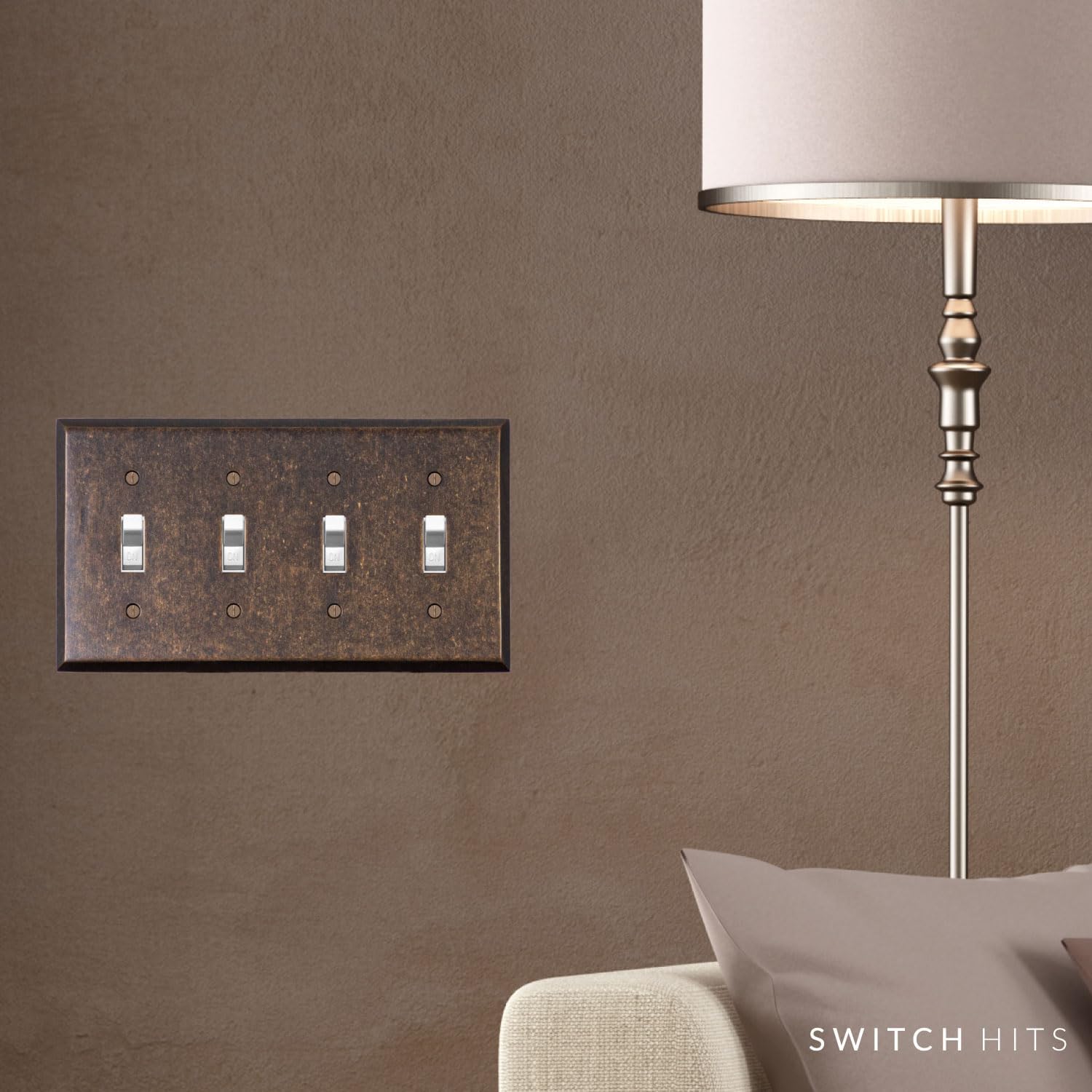 Quad Light Switch Plate GFCI Wall Plate Outlet Cover | 4 Toggle Mottled Antique Brass Electrical Faceplate | Hand
