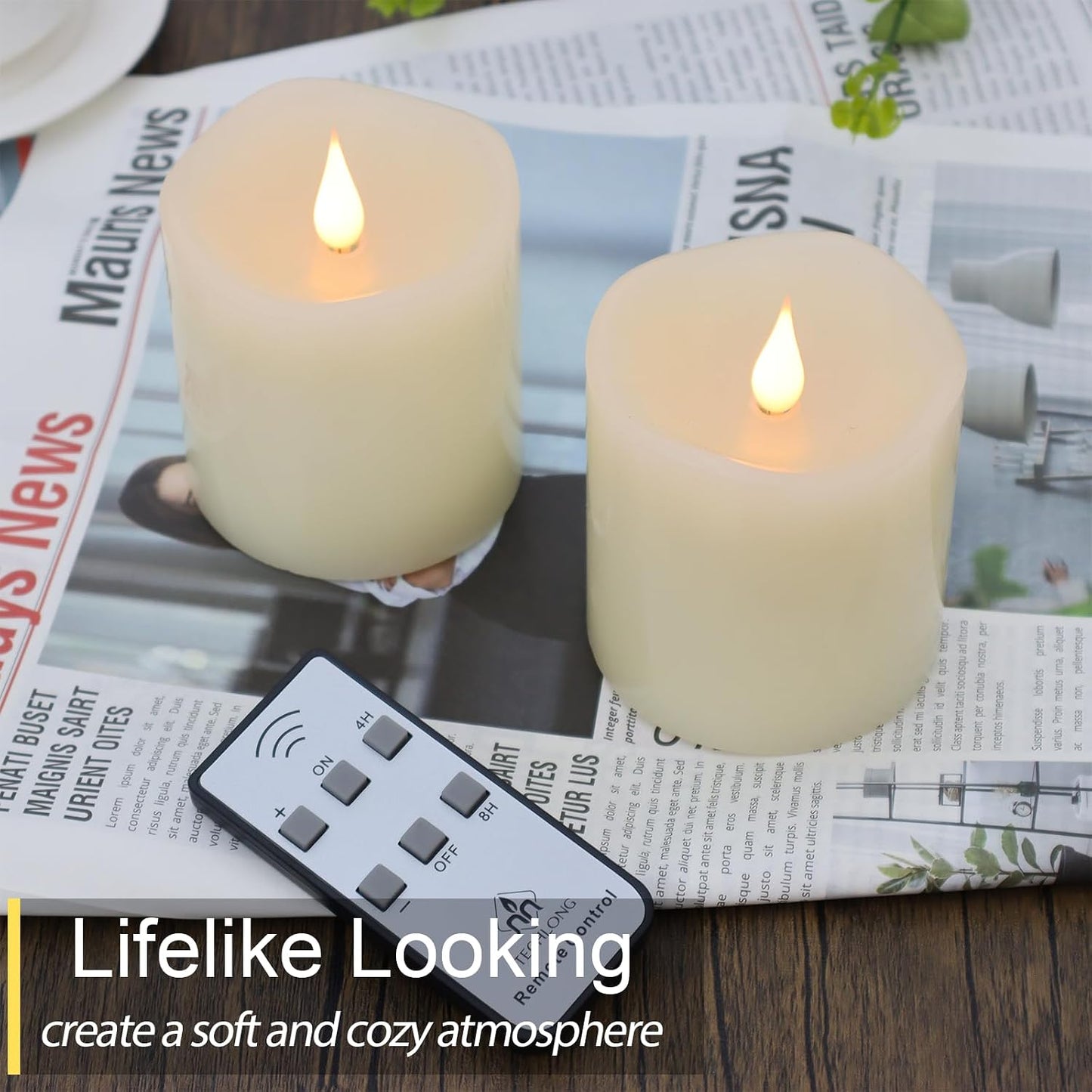 Flameless Candles Battery Operated with Remote Timer, 3D Moving Flame Flickering, Last 600+ Hours Battery Candles, 3" x
