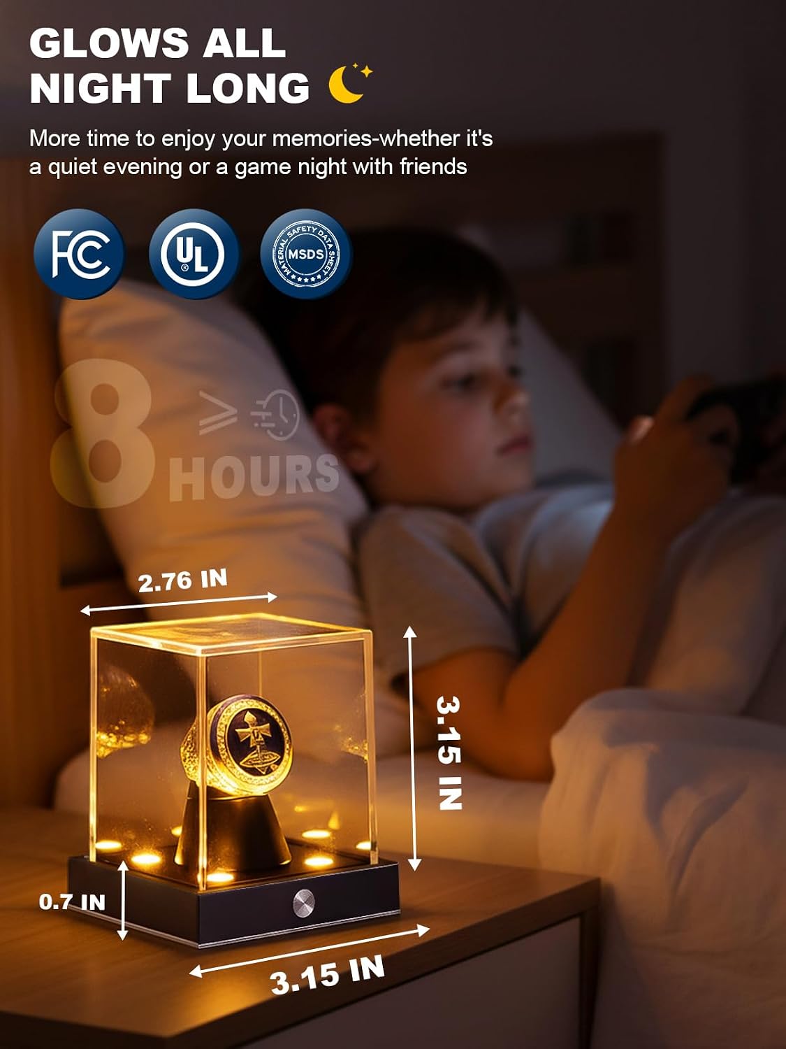 Cordless LED Championship Ring Display Case, Clear Acrylic Single Ring Holder with 10 Color Light up, Autograph Ring