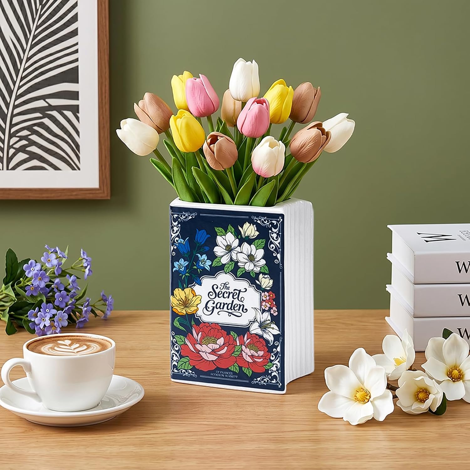 Ceramic Book Vase for Flowers Book-Shaped Decorative Vase / 5.5 x 2.5 x 4 / Inch Secret Garden