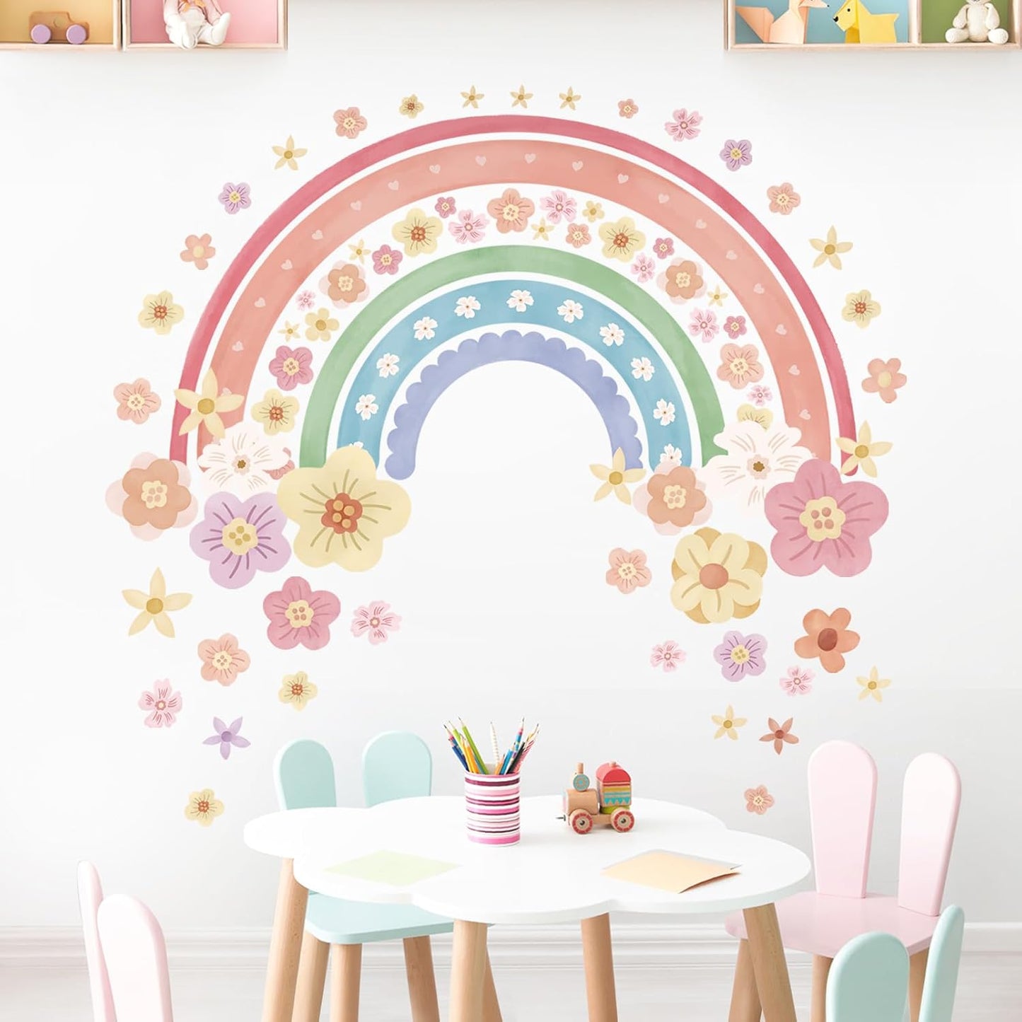 Large Rainbow Wall Decals Colorful Boho Peel and Stick Wall Art Stickers for Girls Bedroom / Flower
