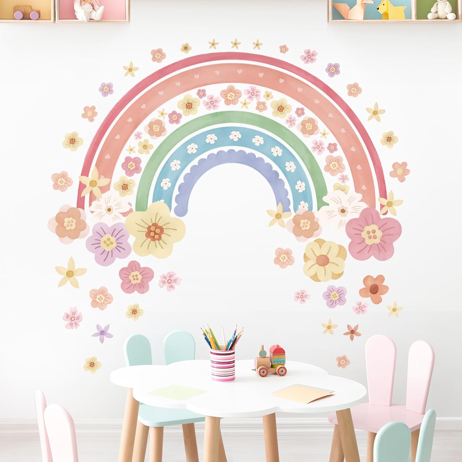 Large Rainbow Wall Decals Colorful Boho Peel and Stick Wall Art Stickers for Girls Bedroom / Flower