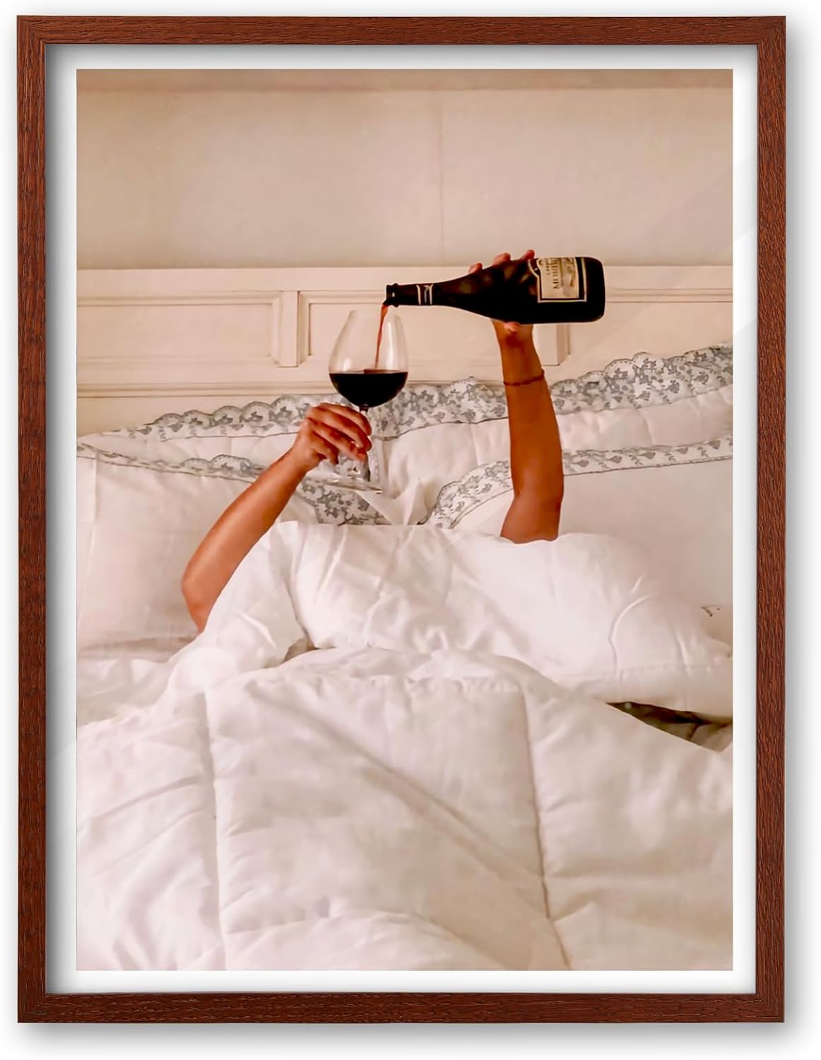 EcoHest 12x16 in Woman Drinking Wine in Bed Framed Wall Art for Bedroom