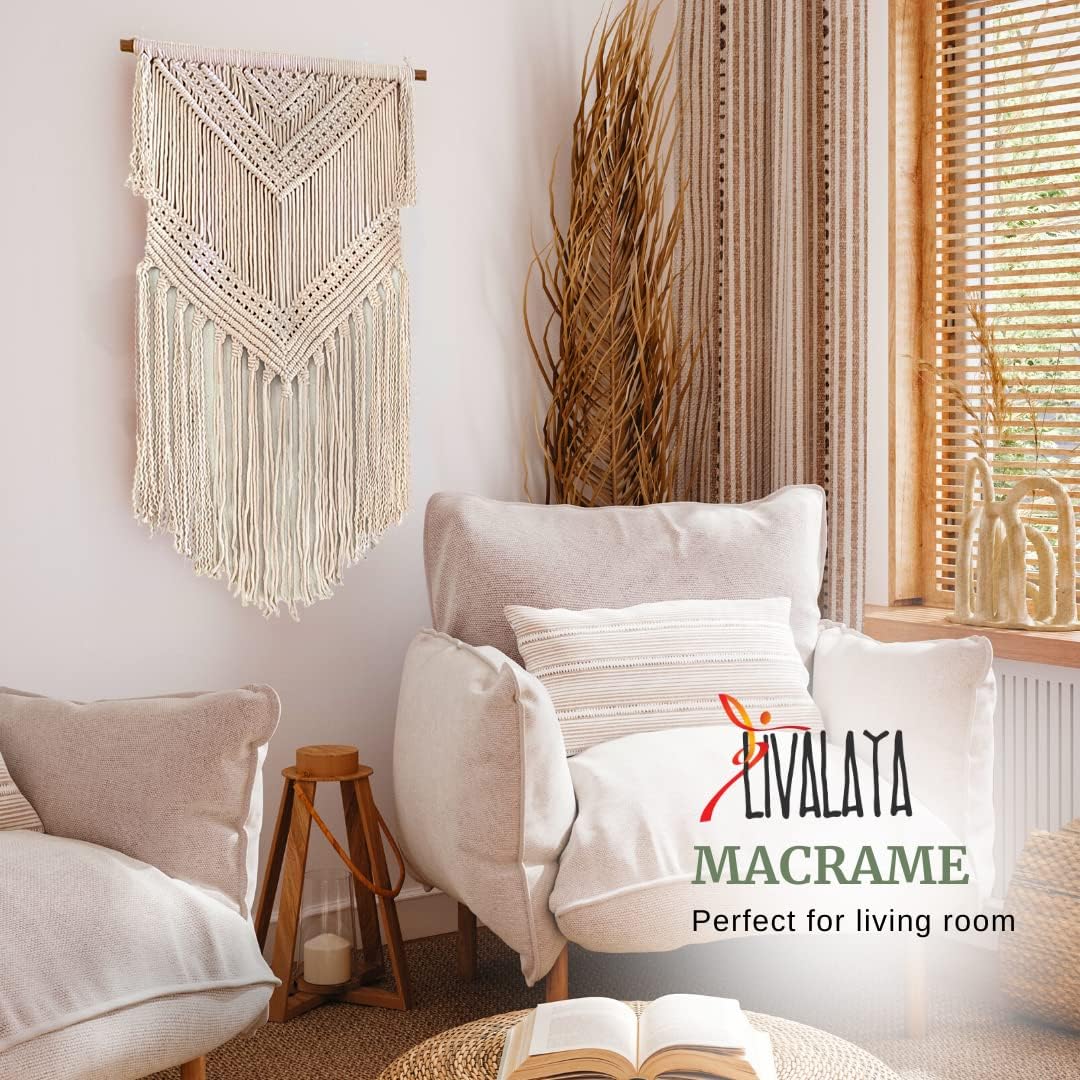 Boho Macrame Woven Wall Hanging in Modern Bohemian Tapestry wall Art Decor / Beige / 16 x 36
