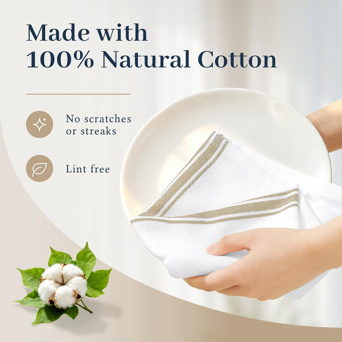 Homaxy 100% Ring Spun Cotton Kitchen Towels 24 Pack, Khaki Stripe | 15 x 25 Inch, Highly Absorbent Dish Towels for