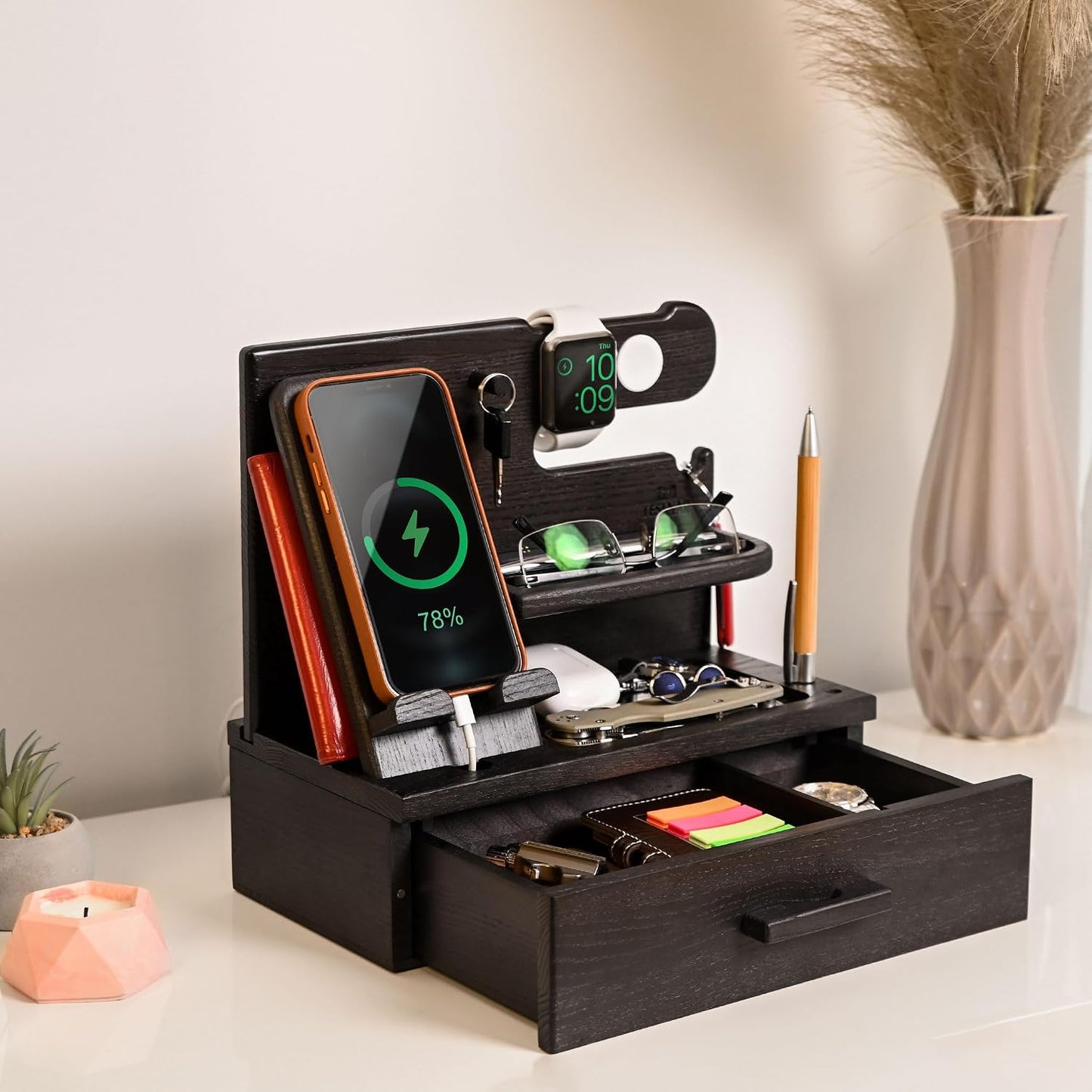 TESLYAR Wood Phone Docking Station with Drawer - Nightstand Organizer - Desk Organizer for Husband - Birthday Gifts for
