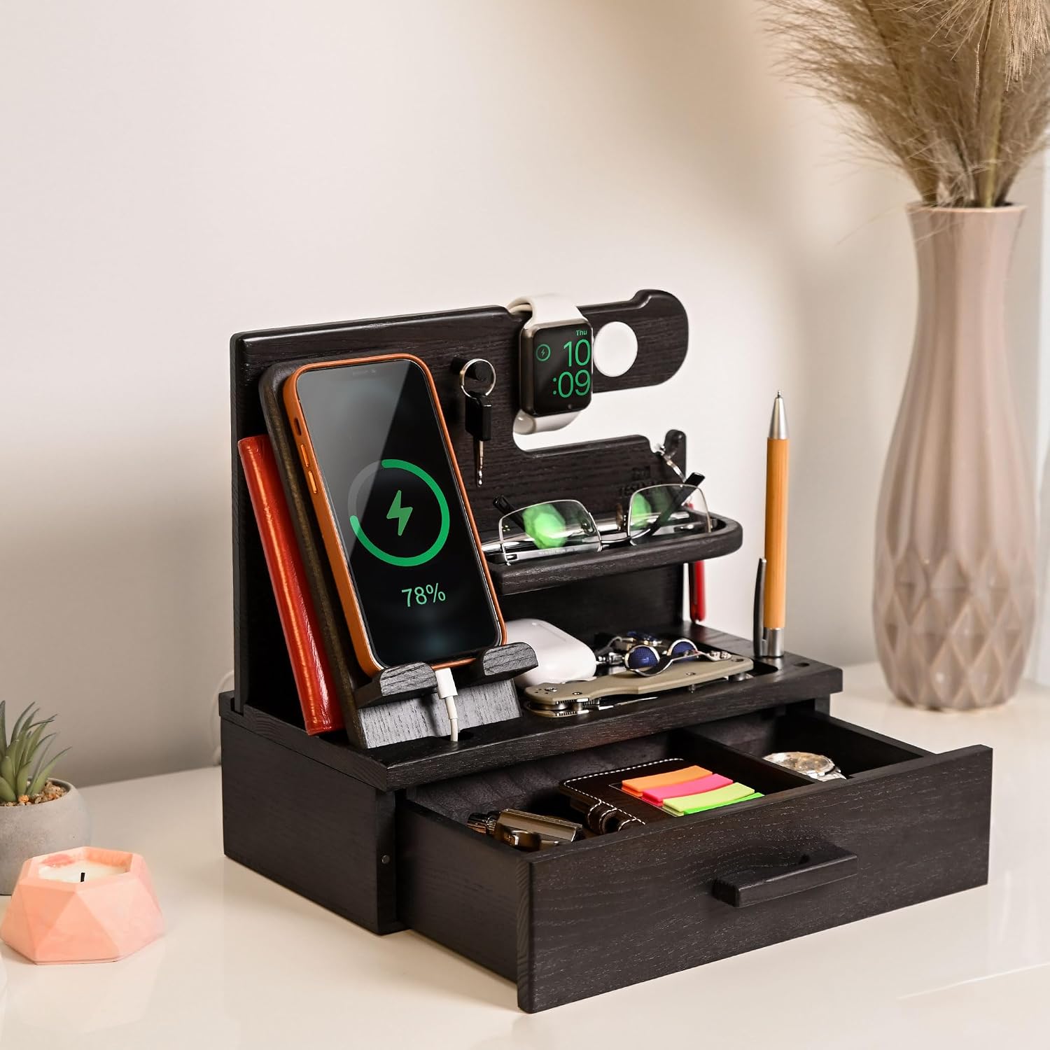 TESLYAR Wood Phone Docking Station with Drawer - Nightstand Organizer - Desk Organizer for Husband - Birthday Gifts for