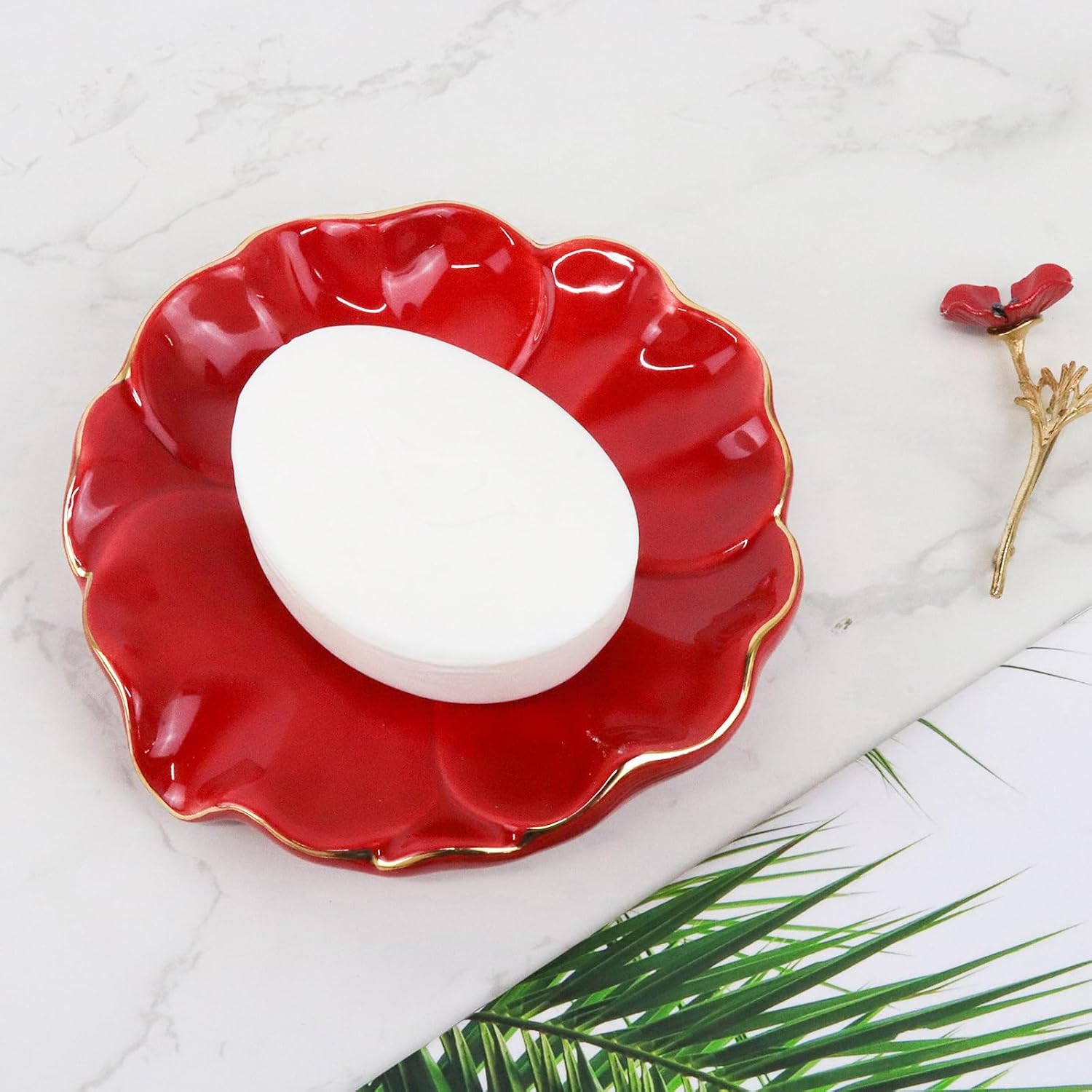 Ceramic Self Draining Soap Dish Hibiscus Flower Waterfall Soap Dish Soap Savers / Red