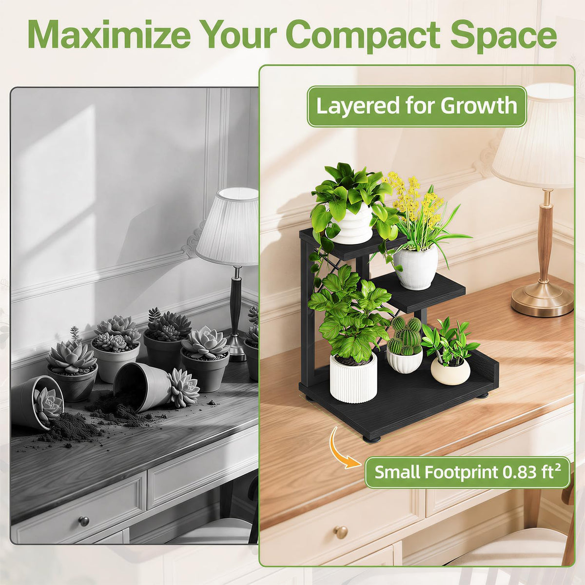 iDavosic.ly Table Top Small Plant Stand, Succulent Holder for Desk, Black | 3 Tier Flower Pot Shelf for Desktop, Space