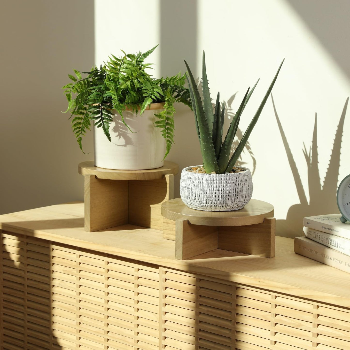 Natural Wood Riser Set of Two - Large 10” Round Wooden Plant Stands Indoor - Wood Pedestal Stands for Plants, Cakes