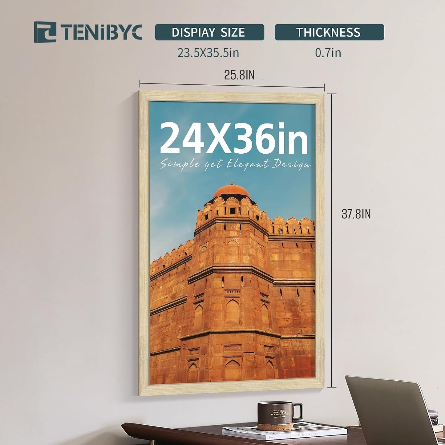 24x36 Poster Frame, Oak Wood, 3 Pack, Wall Hanging for Picture | Thick Polished Plexiglass, Large Movie Poster Frame