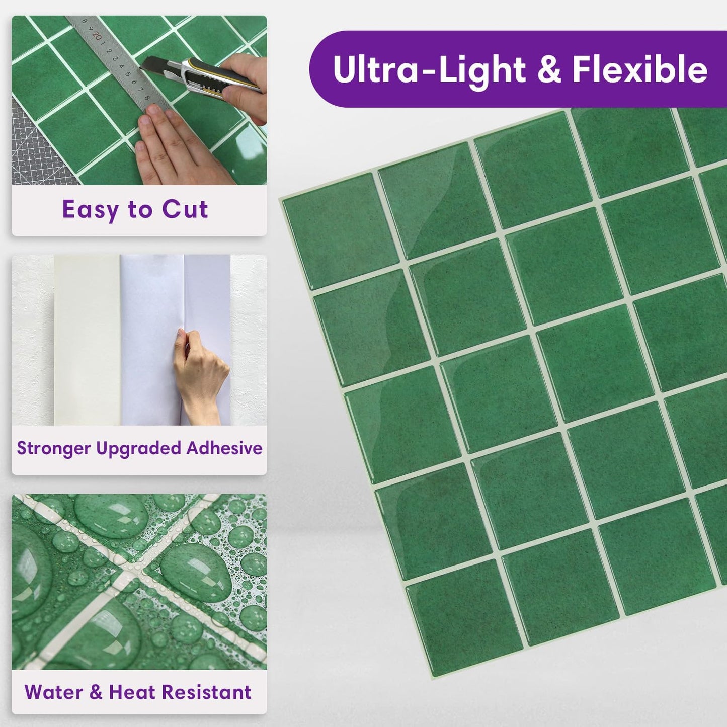 Thicker Peel and Stick Backsplash Tiles- of " -3D Adhesive Glossy / Dark Green / 12 x 12 / Set of 10