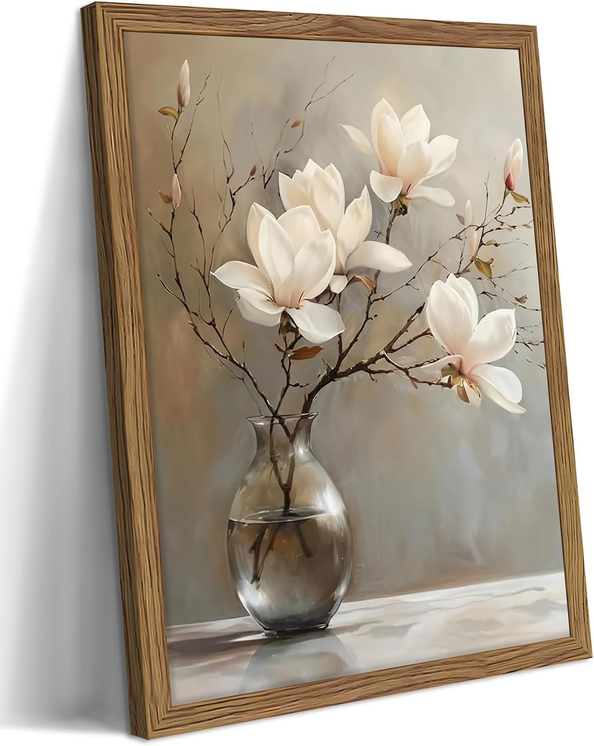 Framed Flower Canvas Wall Art, White Magnolia Branch in Vase Poster Prints, Elegant Nature Still Life Botanical Artwork, Modern Minimalist Wall Decor for Living Room Bedroom Bathroom 12x16in