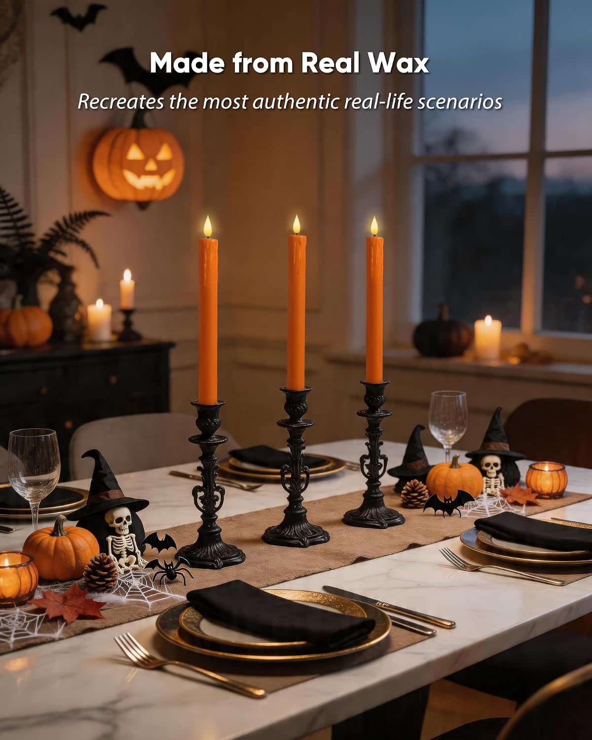 Homemory Orange Flameless Taper Candles with Remote Timer, 9.6 Inch Real Wax Battery Operated Candlesticks, Flickering