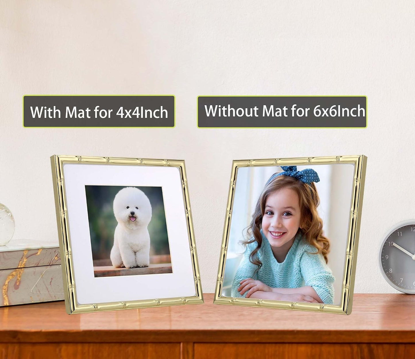 YiPinYin 6x6'' Sqaure Gold Metal Picture Frame With Mat for 4x4'' Set of 2, Bamboo Detail Designs Gold Plated Photo